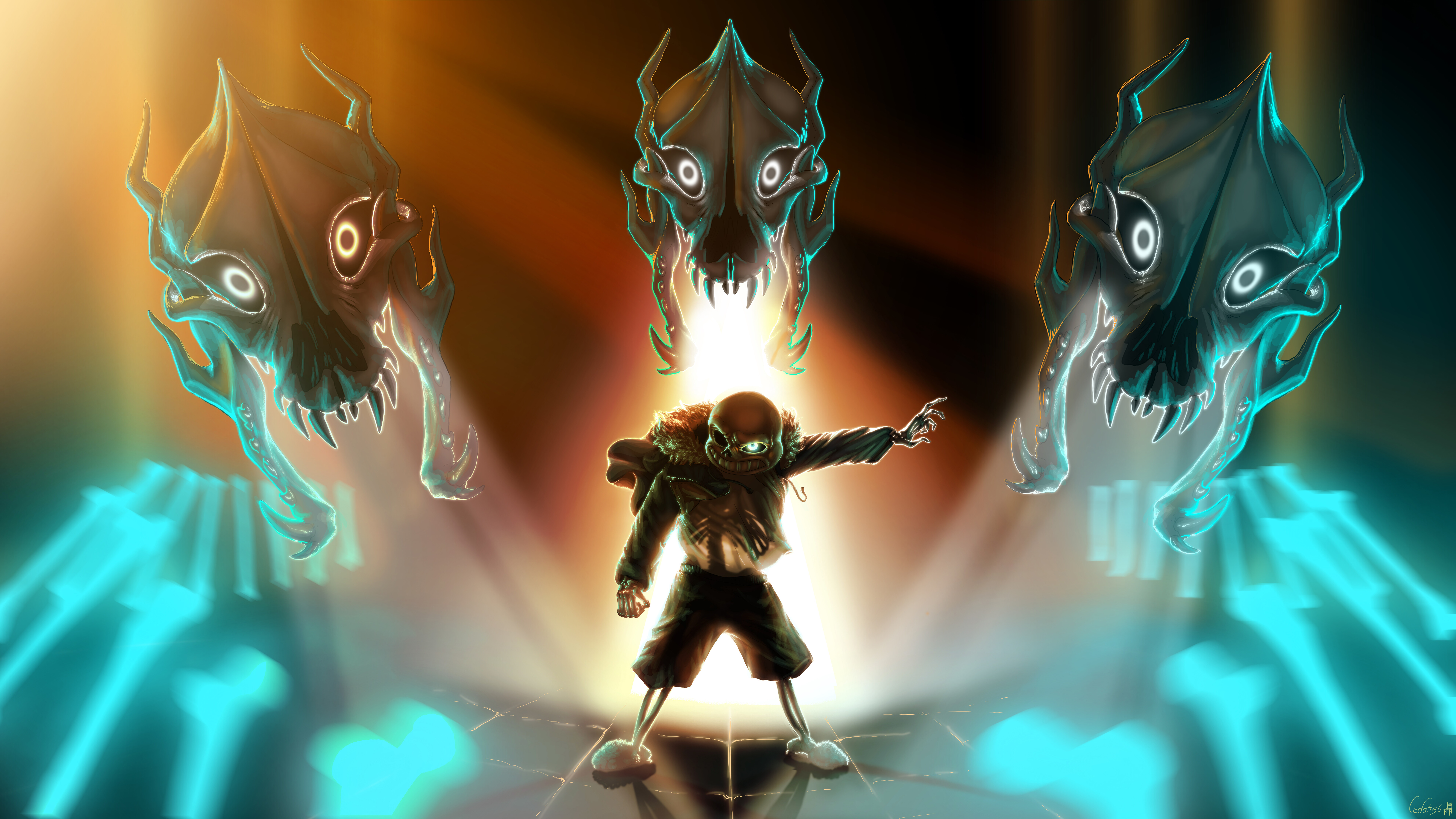 Sans aus dem Videospiel Undertale, der hier mit seinem unverwechselbaren Skelett-Aussehen und seiner lässigen Kleidung zu sehen ist.