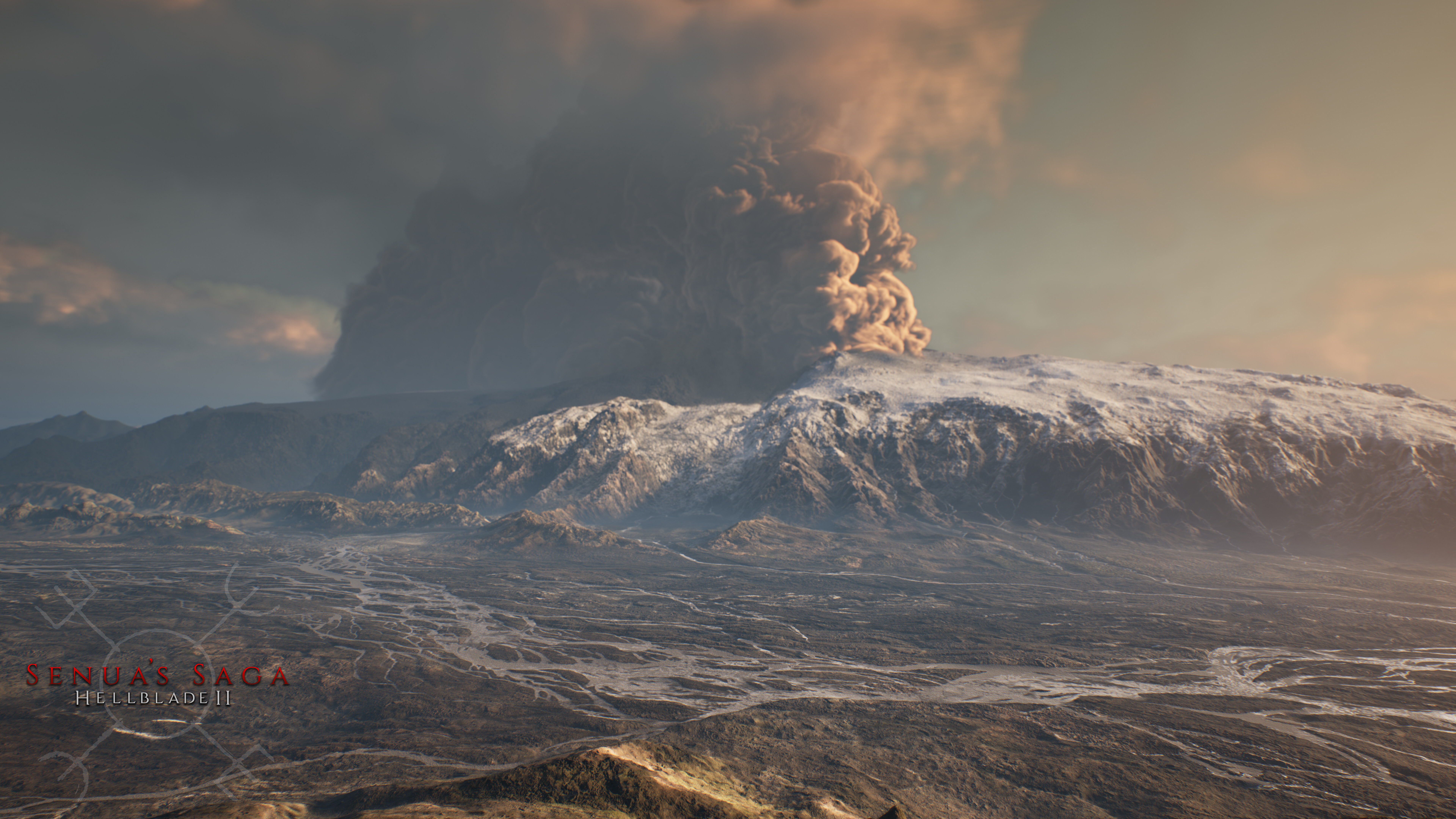 Eine detaillierte und stimmungsvolle Nahaufnahme von Senua aus dem Videospiel Senua's Saga: Hellblade II, die ihren intensiven Gesichtsausdruck und ihr kriegerisches Aussehen zeigt.