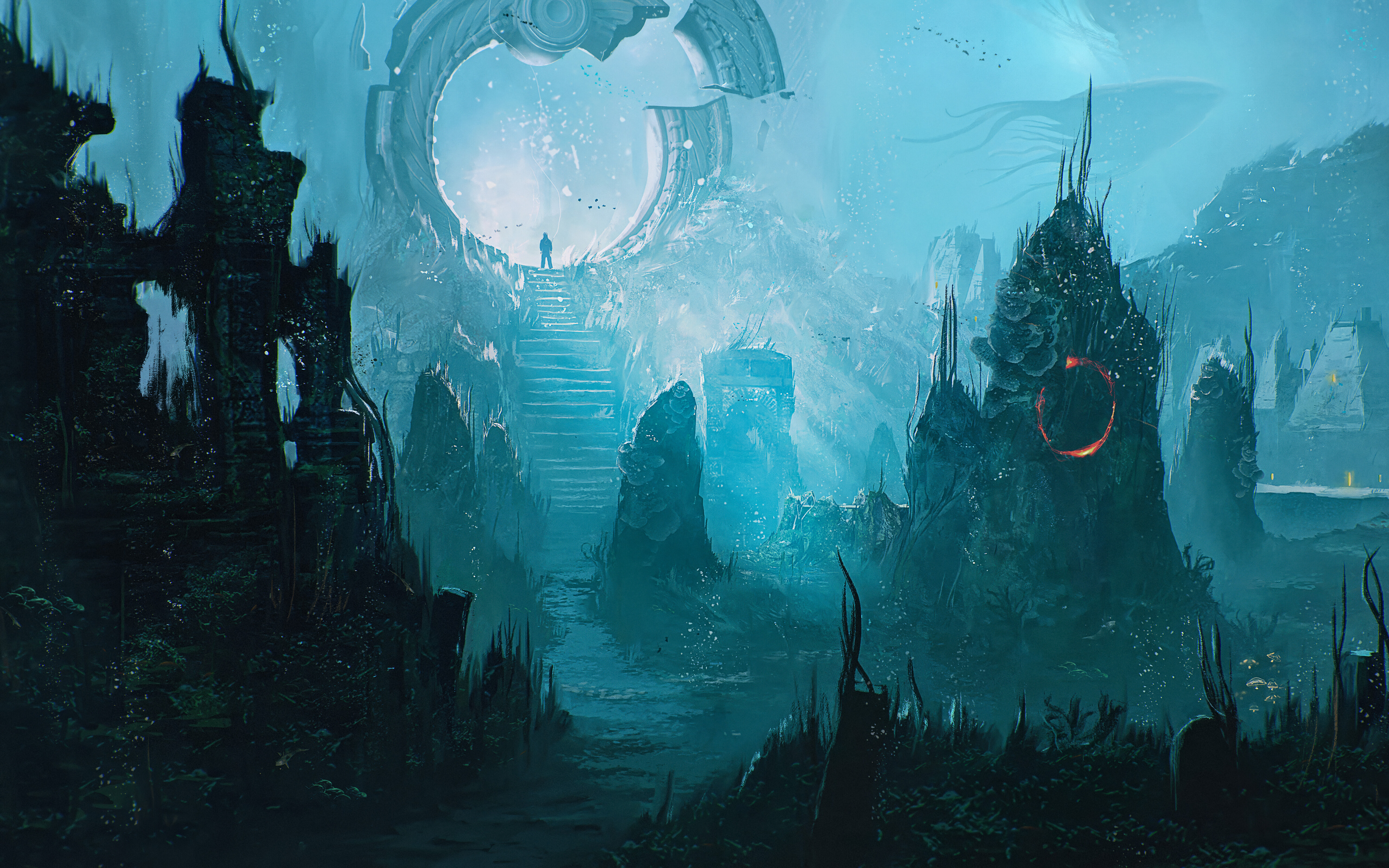 Eine Unterwasseraufnahme aus der Tiefsee, die alte, verfallene Steingebäude in tiefblauem Wasser zeigt. Die Aufnahme ist inspiriert vom Spiel „Sherlock Holmes: The Awakened“.