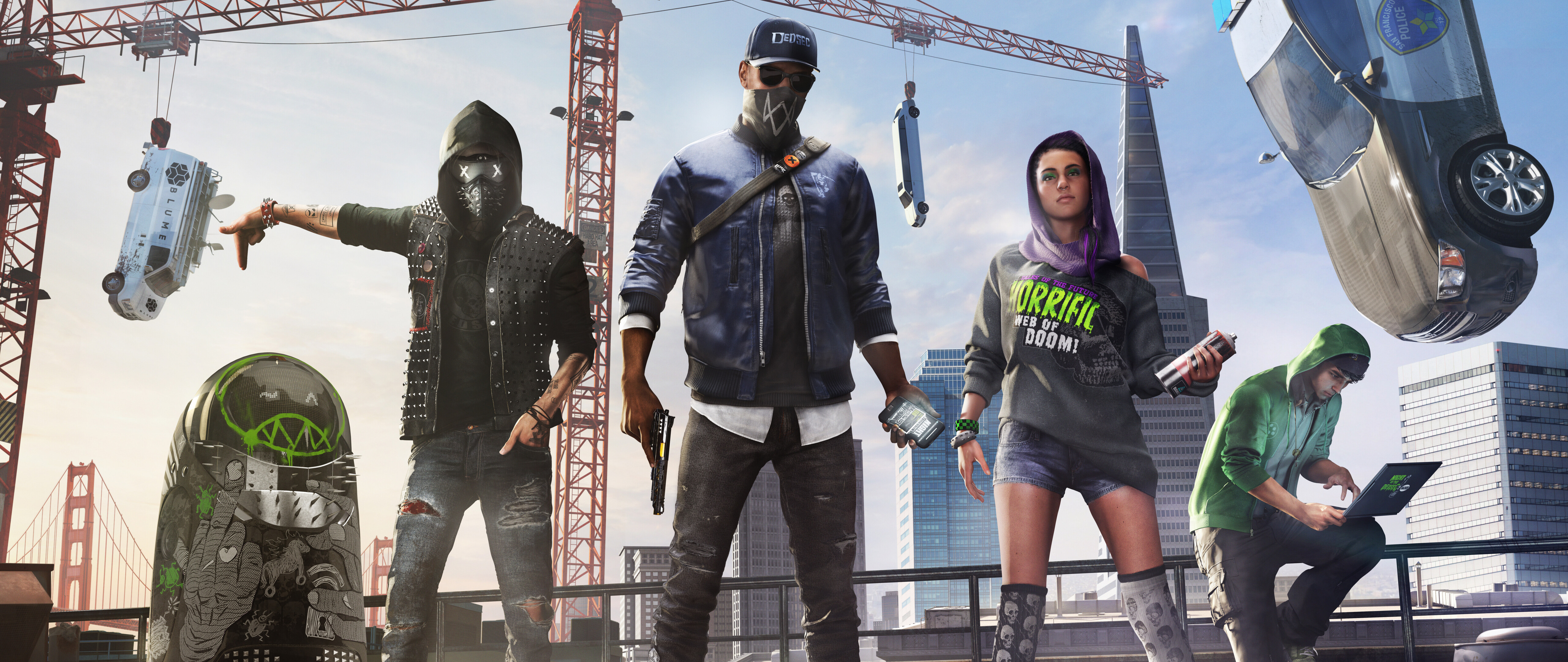 Ein Gruppenporträt mit Marcus Holloway, Sitara Dhawan und Wrench aus dem Videospiel Watch Dogs 2.
