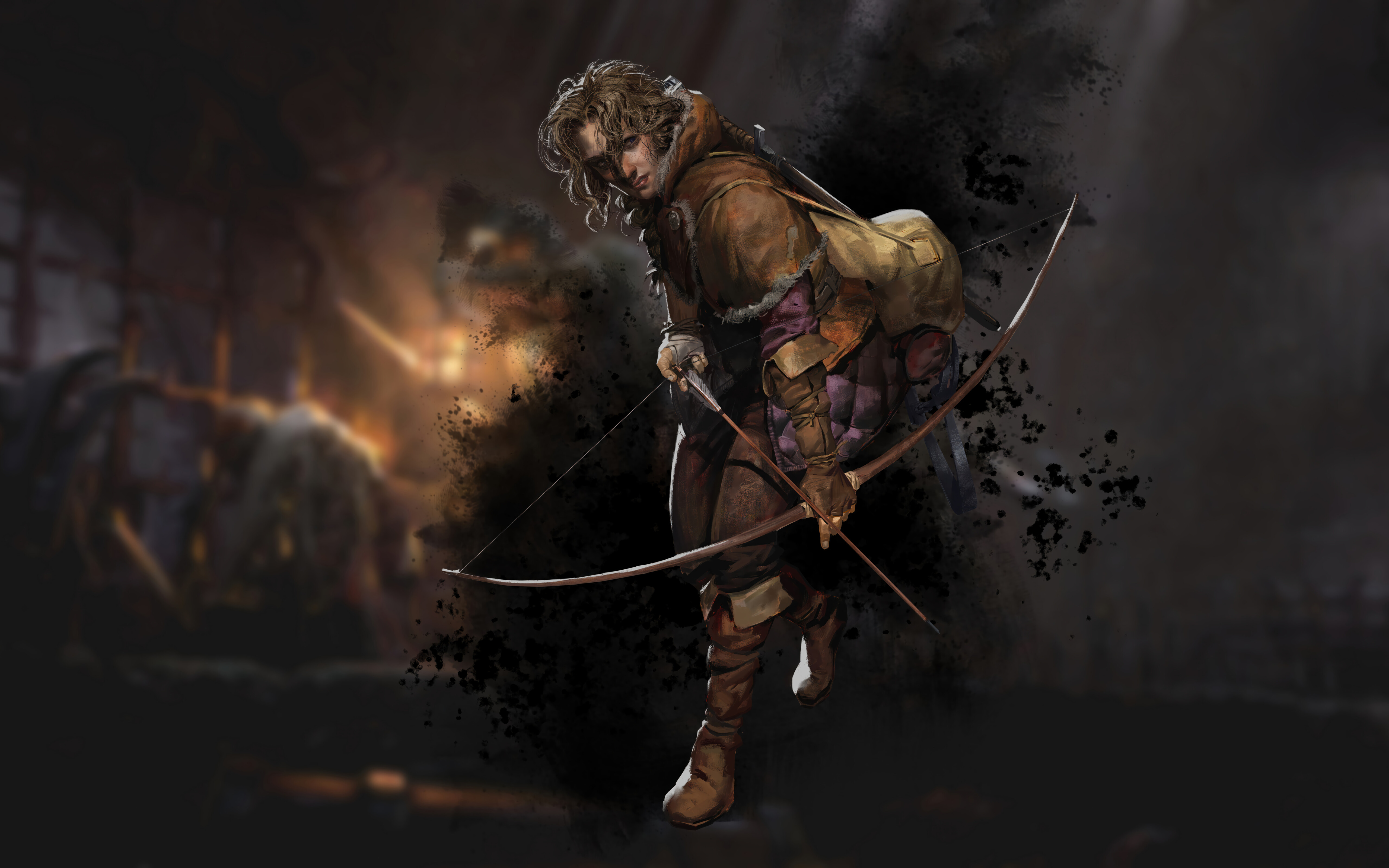 Ein vermummter Schurke mit einer Waffe steht in einem düsteren, steinernen mittelalterlichen Verlies.