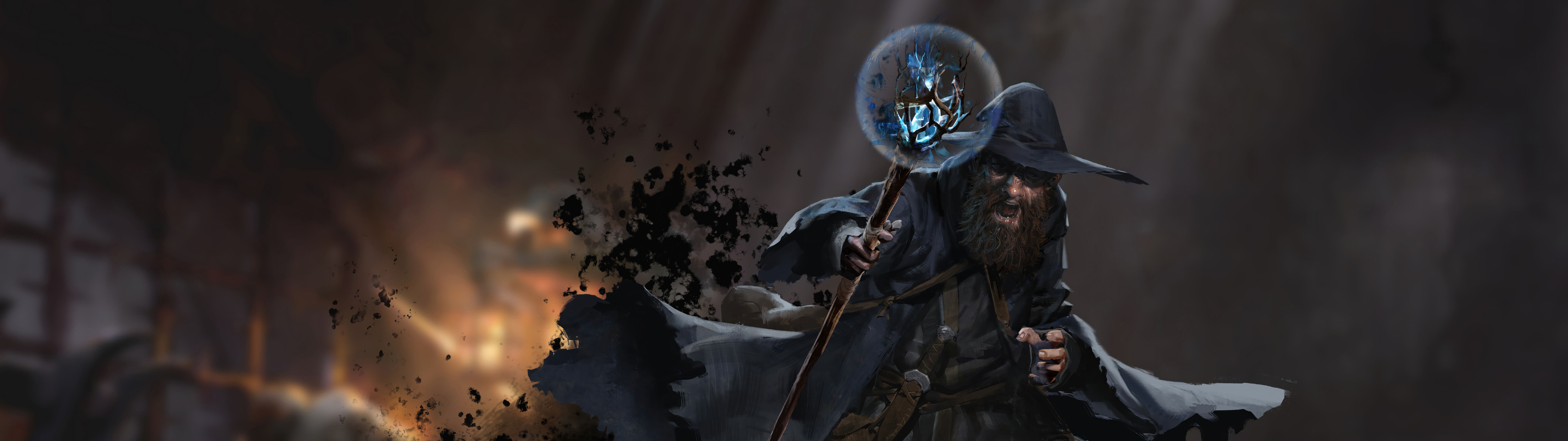 Ein düsterer Fantasy-Zauberer aus dem Spiel Dark and Darker, der einen leuchtenden, magischen Stab in einem schattigen, atmosphärischen Dungeon hält.