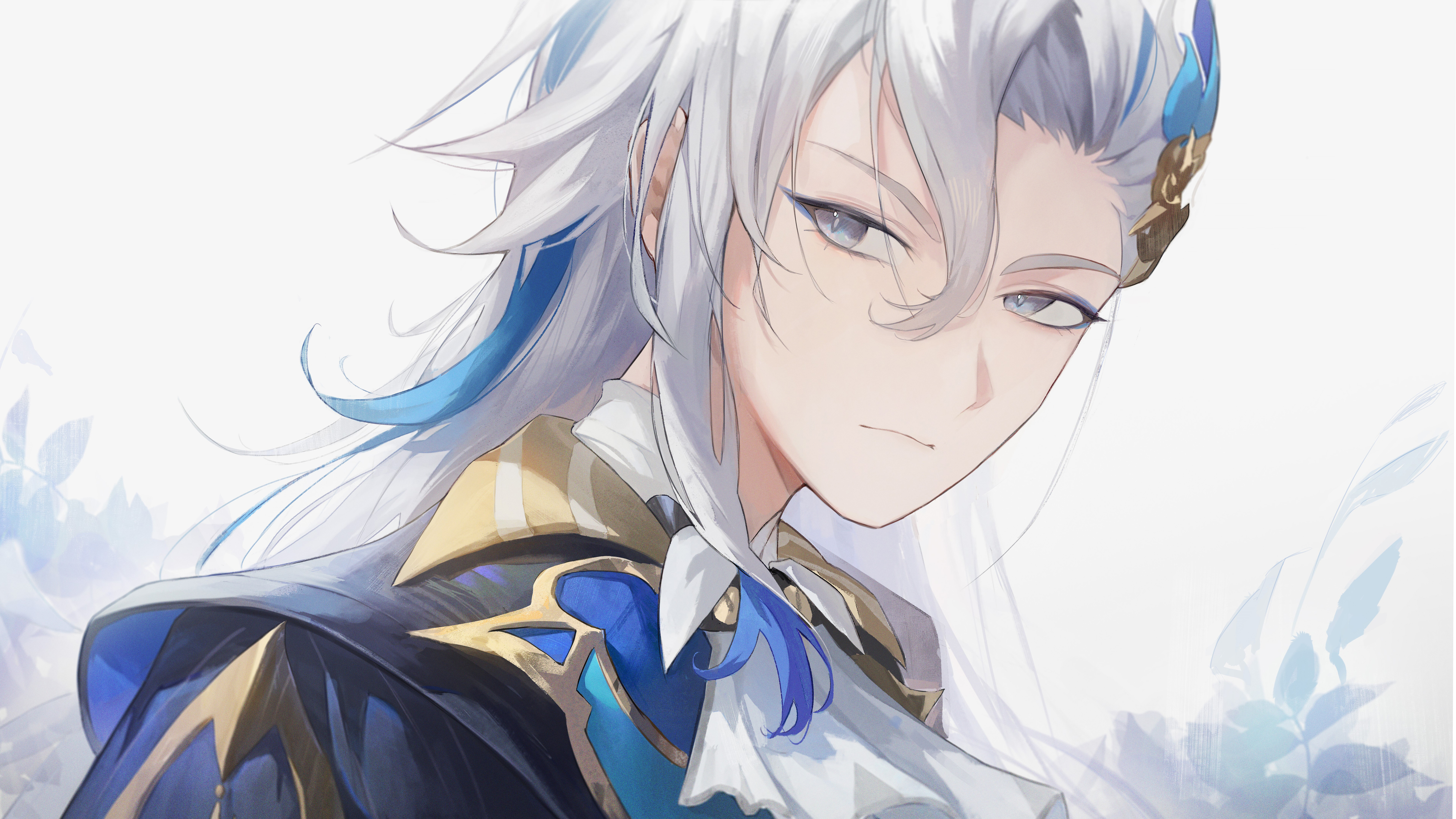 Eine hochwertige Darstellung von Neuvillette aus Genshin Impact, die sein elegantes Aussehen und seinen beeindruckenden Blick zeigt.