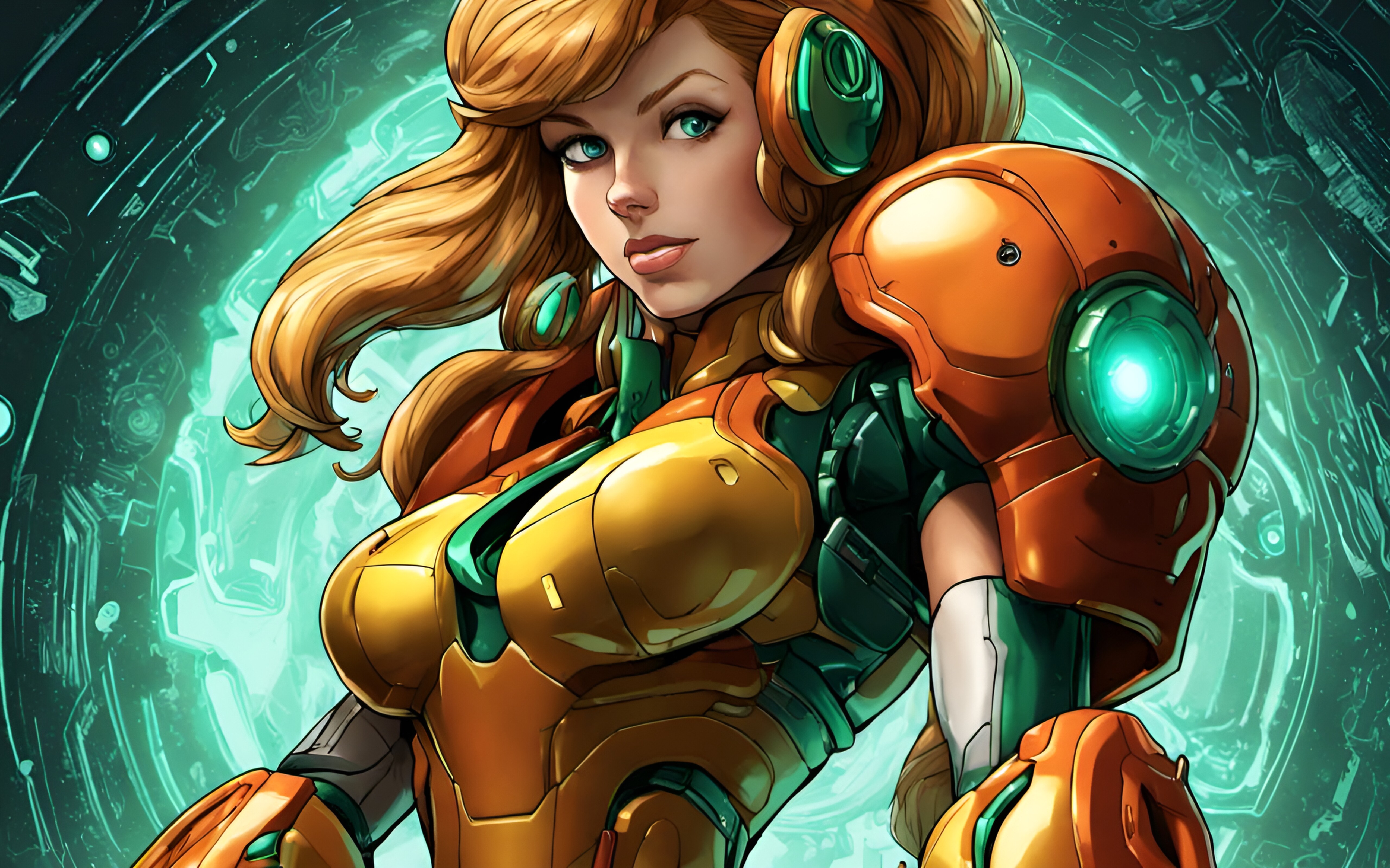Samus Aran trägt ihren charakteristischen orange-roten Power-Anzug aus der Videospielreihe Metroid.