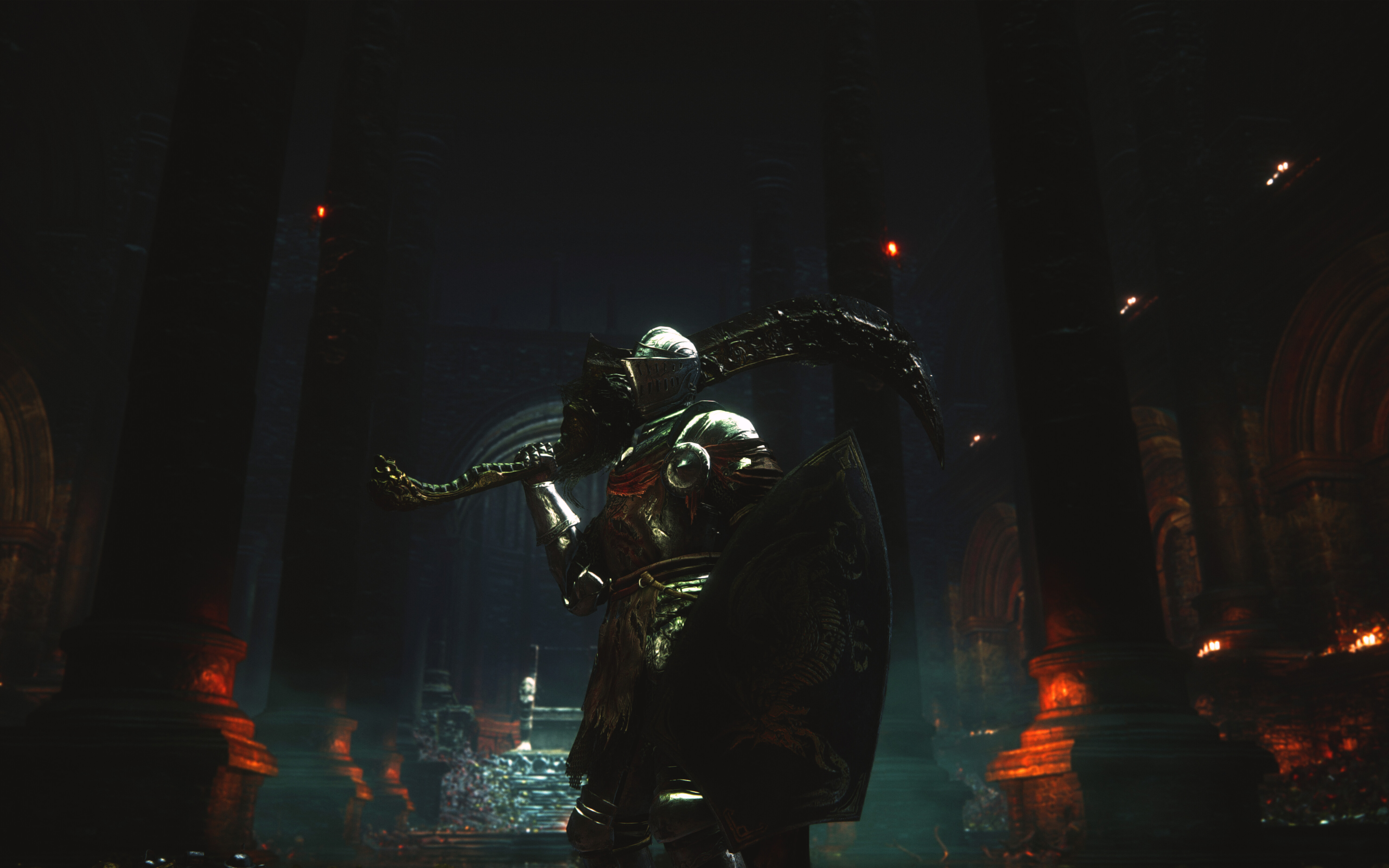 Ein Lothric-Ritter in schwerer, kampfgeprägter Rüstung aus dem Videospiel Dark Souls III: The Ringed City.