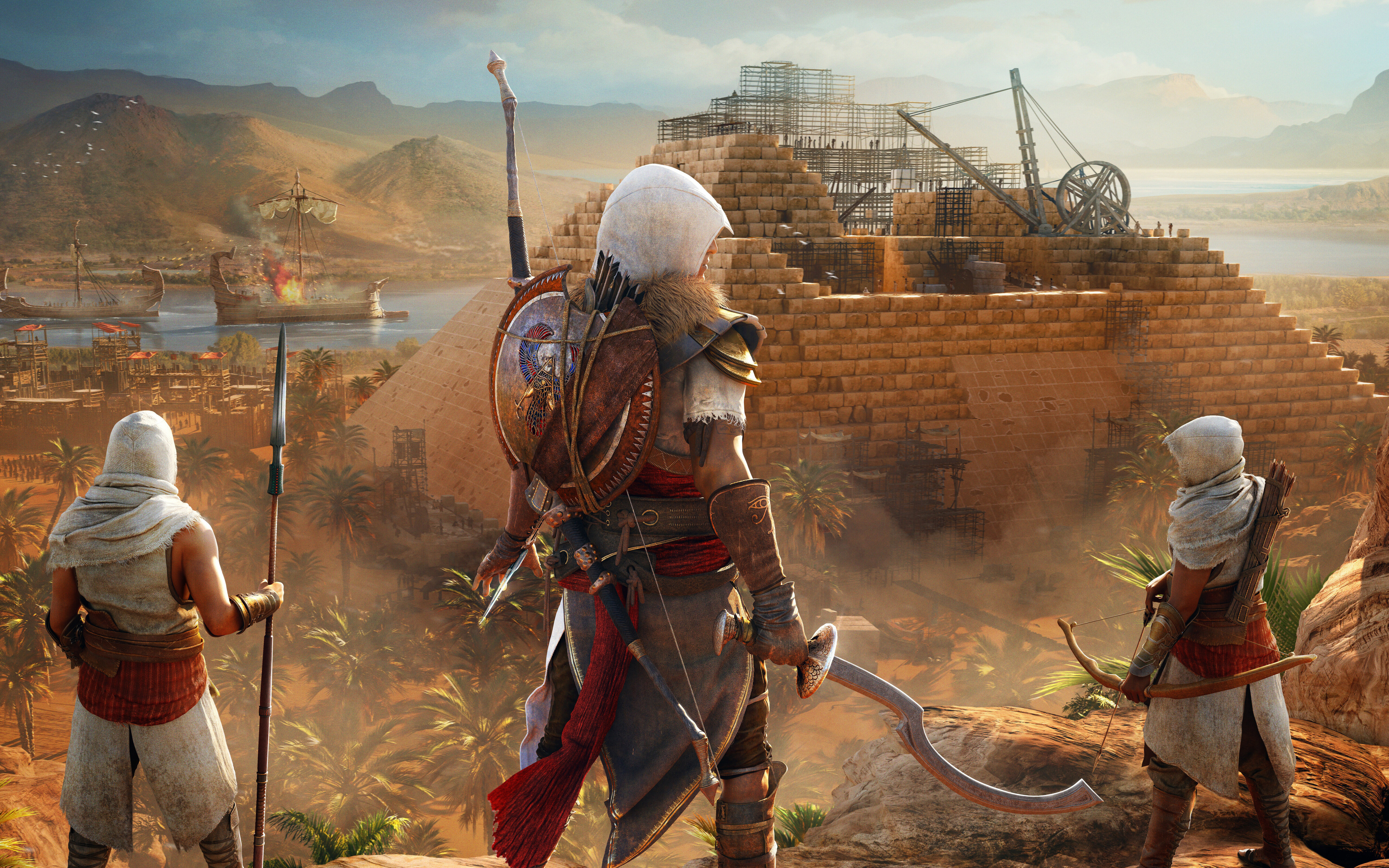 Bayek aus Siwa, aus dem Spiel Assassin’s Creed Origins, in einer antiken ägyptischen Landschaft dargestellt.