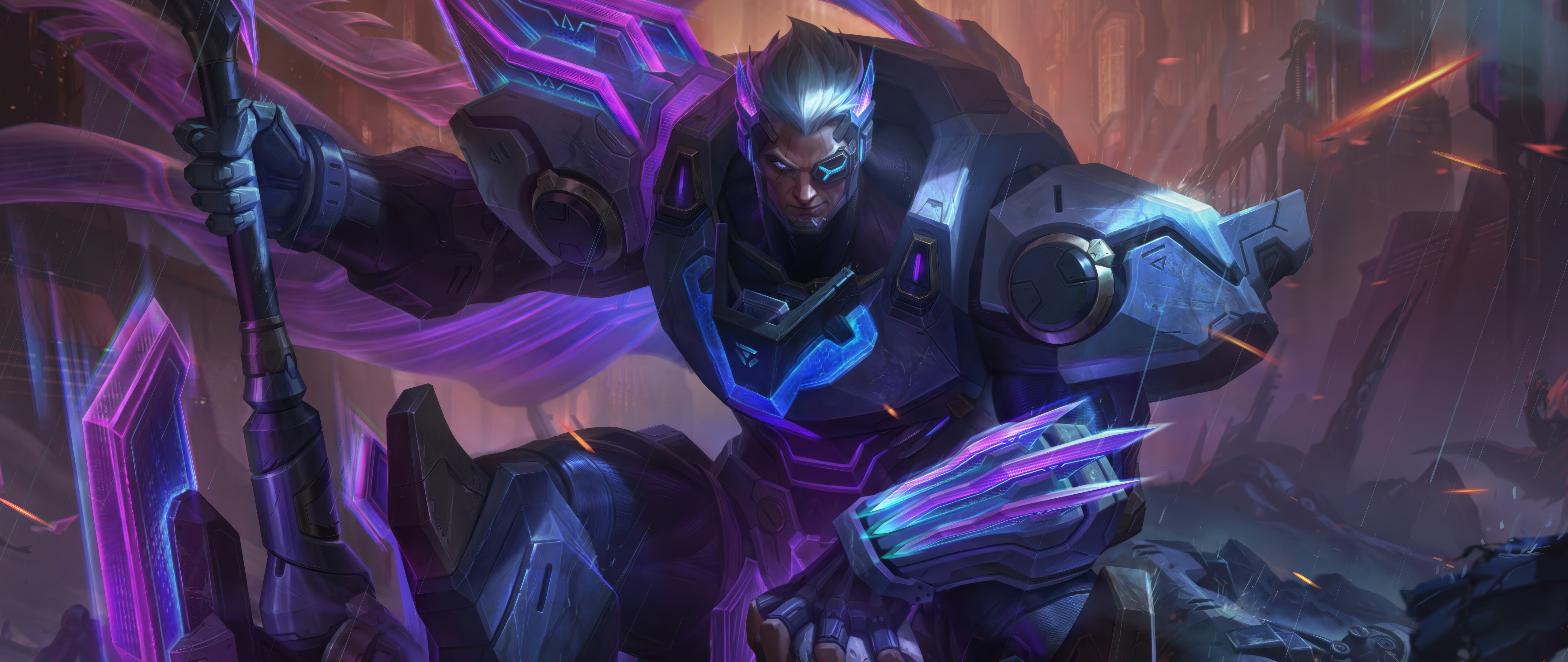 Eine detaillierte Darstellung von Darius aus League of Legends, die ihn in schwerer noxianischer Rüstung und in einer bedrohlichen Atmosphäre zeigt.