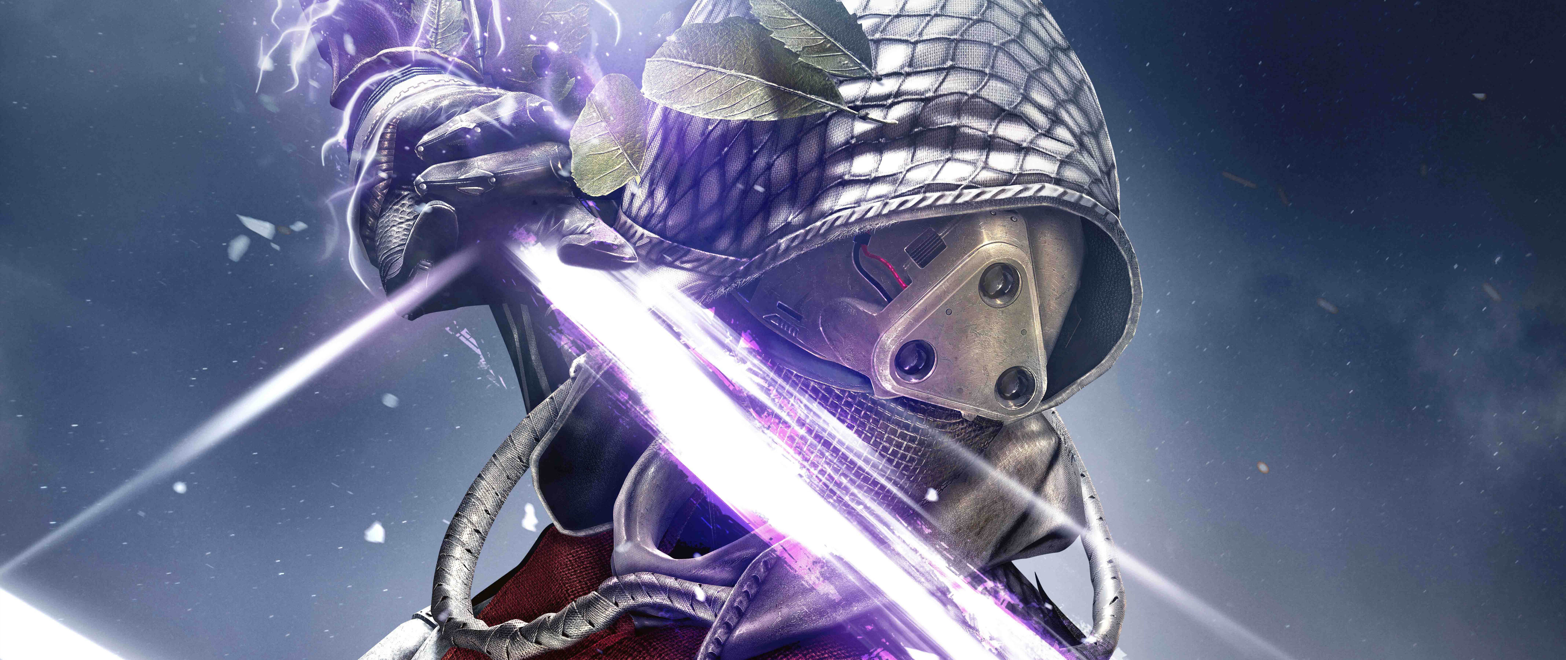 Ein detailliertes Science-Fiction-Wächter-Modell aus dem Spiel Destiny, das leuchtende Panzerplatten und einen Helm trägt und vor dem Hintergrund von Sternen und Nebeln dargestellt ist.