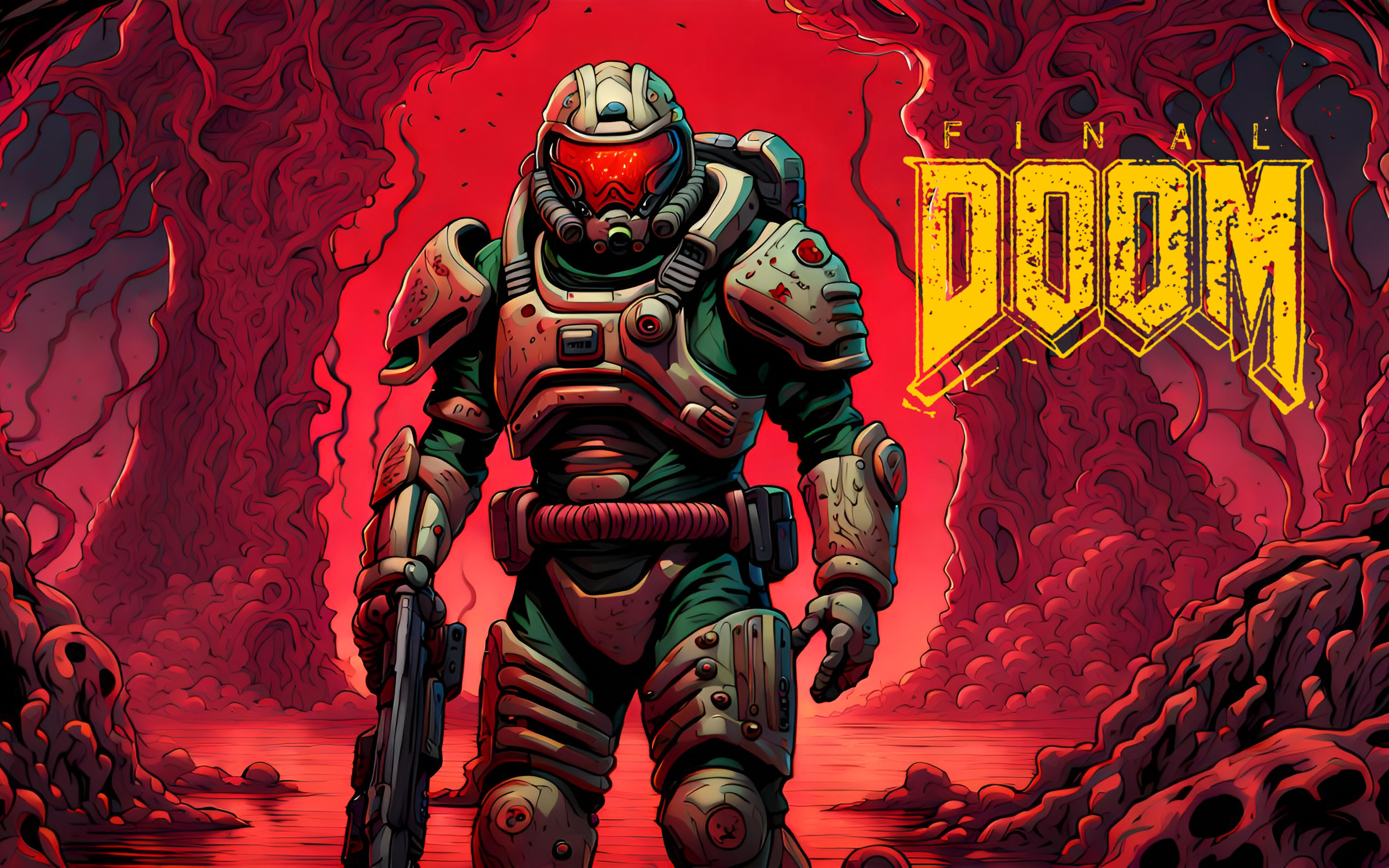 Doomguy aus der Videospielreihe „Doom“, inmitten einer düsteren und höllischen Landschaft stehend.