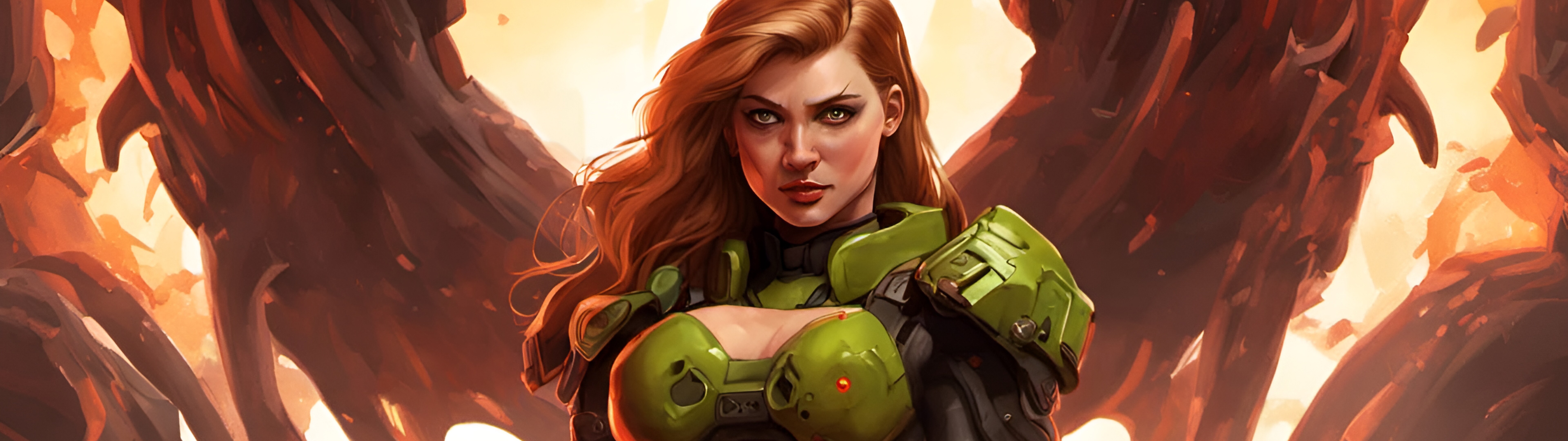 Eine weibliche Kriegerin in schwerer Kampfmontur, die eine große Schusswaffe gegen ein Dämonenwesen einsetzt, inspiriert von der Videospielreihe DOOM.