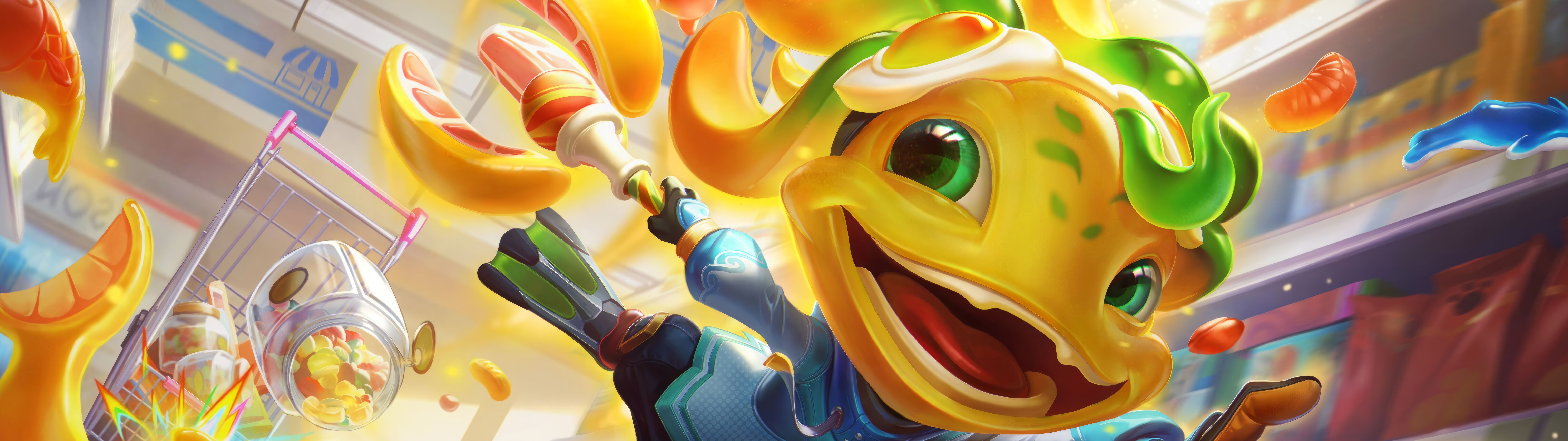 Der aquatische Meeresvolk-Held Fizz aus League of Legends und Wild Rift ist in einer farbenfrohen Unterwasserwelt zu sehen.