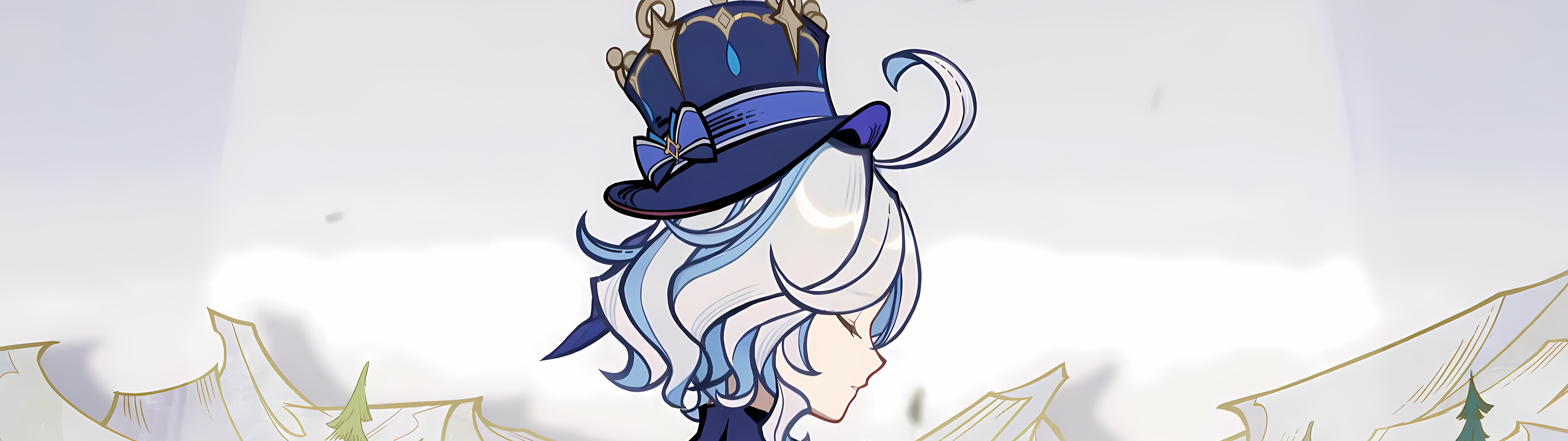 Eine wunderschöne Darstellung von Furina aus Genshin Impact, die ihr aufwendiges blaues Kostüm und ihr theatralisches Aussehen zeigt.