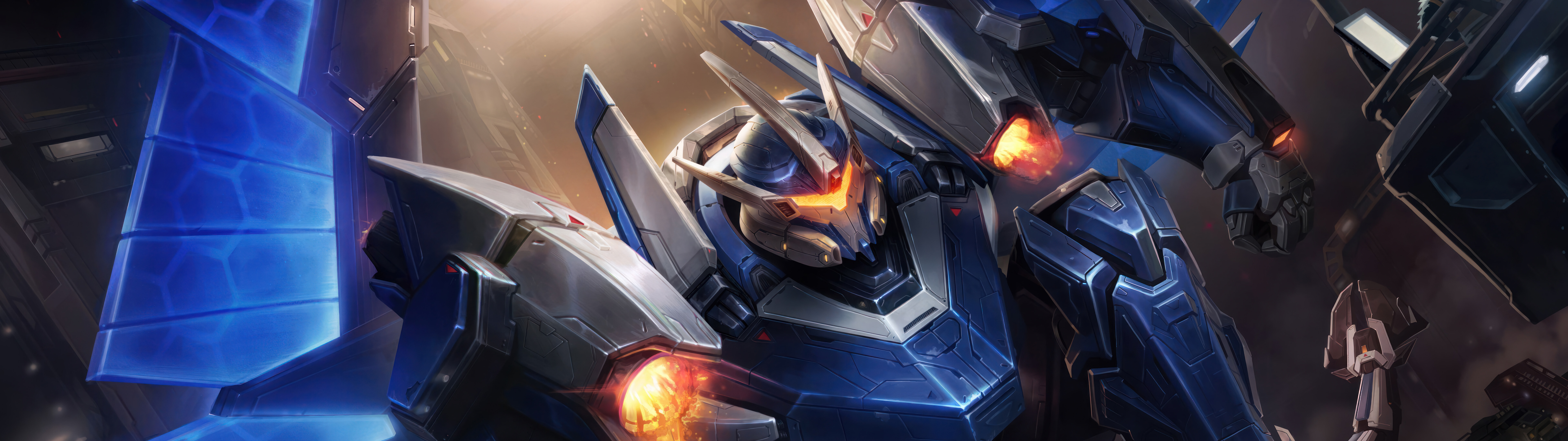 Ein riesiger, an den Mecha-Stil angelehnter Roboter, der von Galio aus League of Legends inspiriert wurde und sich durch eine robuste Metallpanzerung und leuchtende Energieteile auszeichnet.