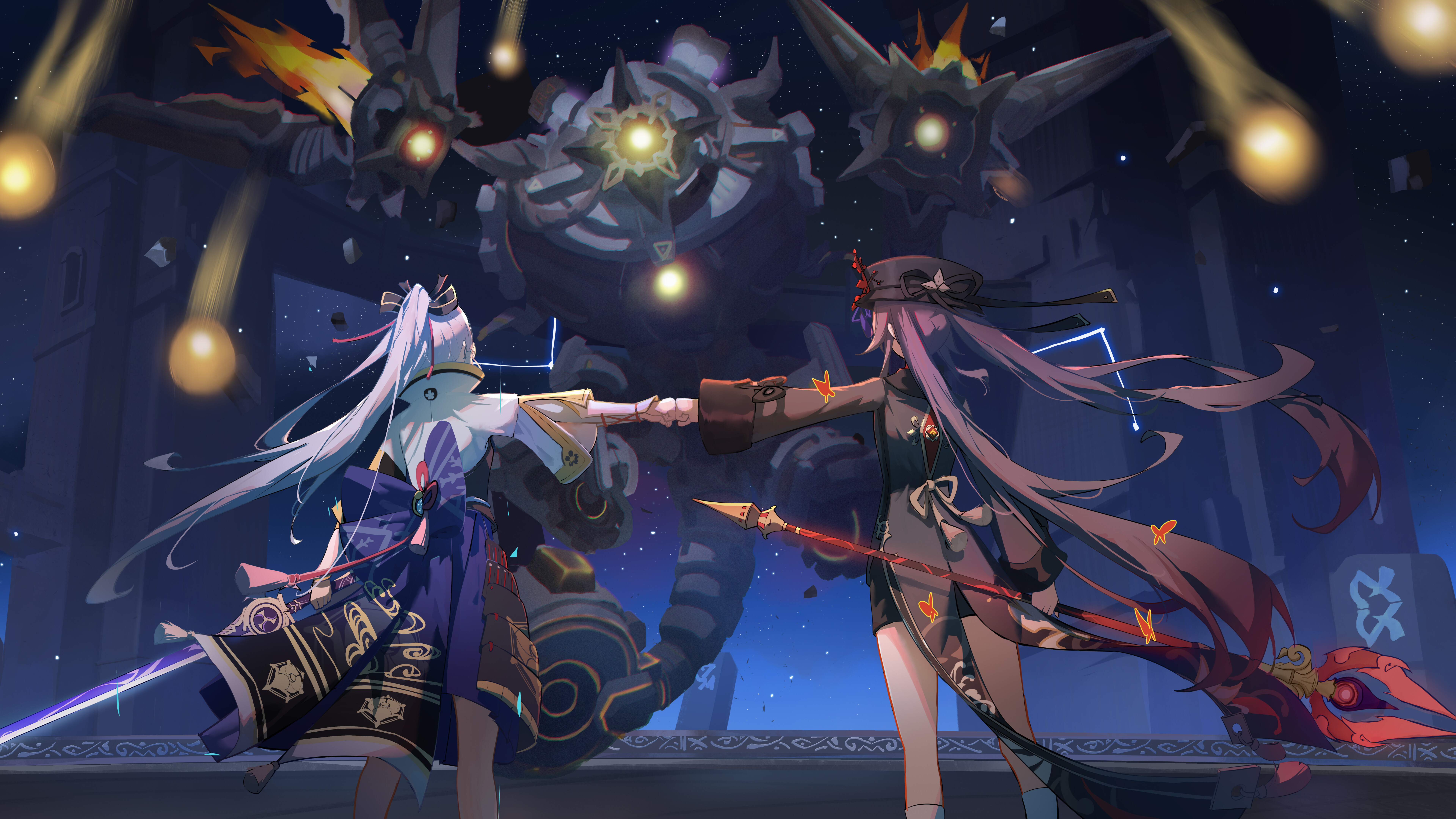 Eine künstlerische Darstellung von Kamisato Ayaka und Hu Tao, Charakteren aus dem Spiel Genshin Impact.