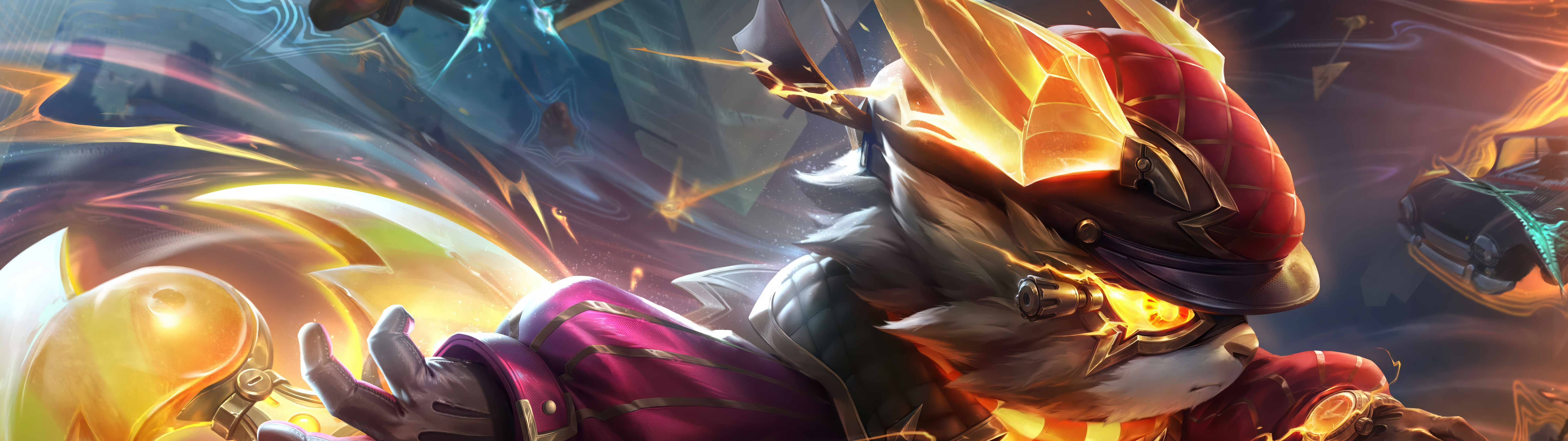 Eine dynamische Illustration von Kennen aus League of Legends, die ihn in Aktion zeigt, umgeben von elektrischen Funken und Energie.