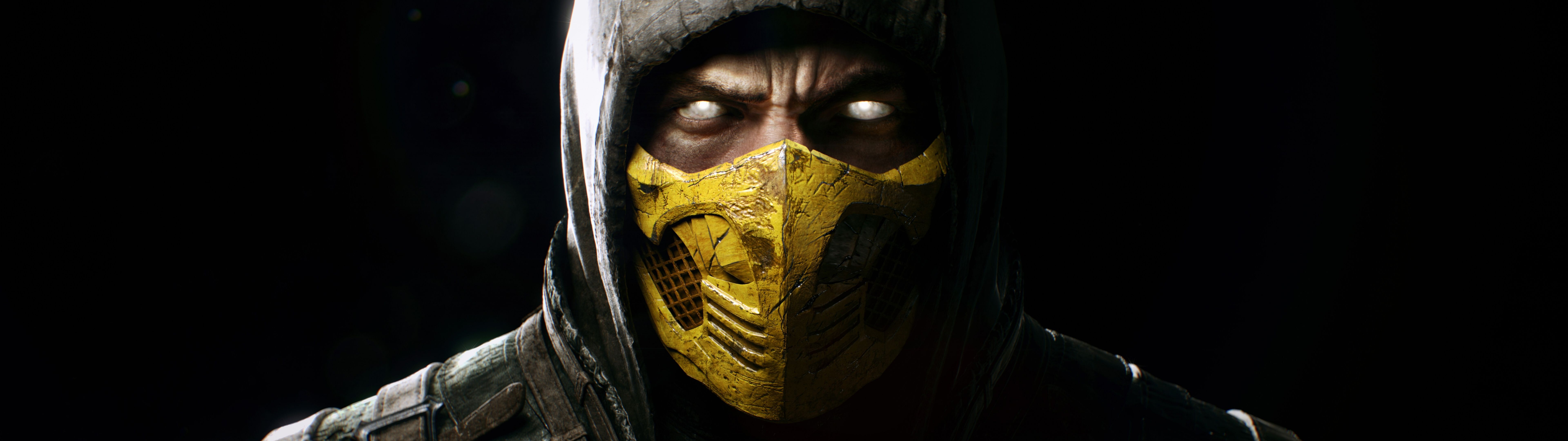 Scorpion aus Mortal Kombat trägt seine berühmte gelbe Ninja-Rüstung und -Maske.