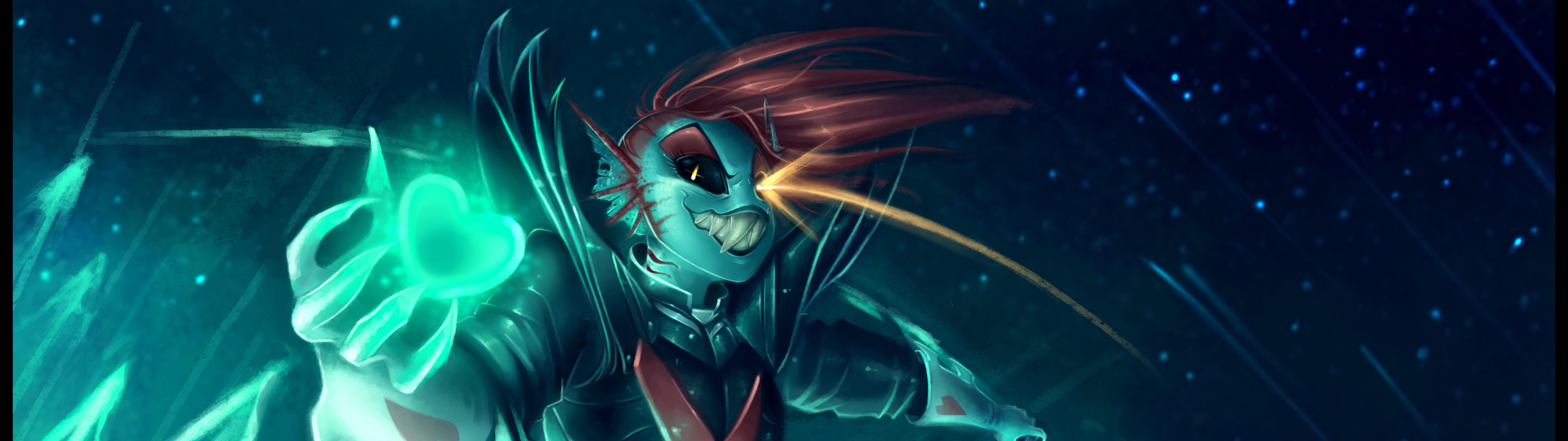 Undyne, die Unsterbliche, aus dem Spiel Undertale, trägt eine Rüstung, hat rote Haare und ein rotes Herzsymbol.