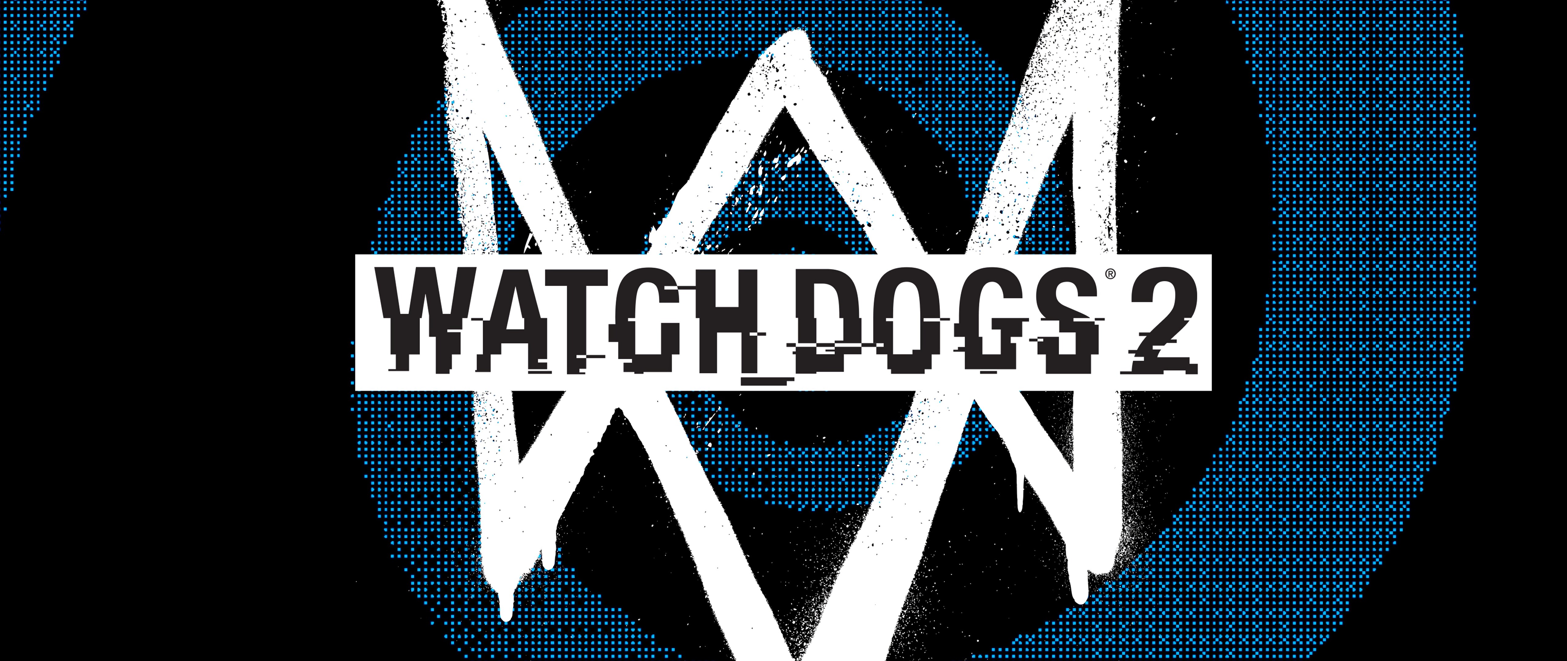 Das Logo des Spiels Watch Dogs 2 und die Figur Marcus Holloway in einem Hightech-Hacking-Design.