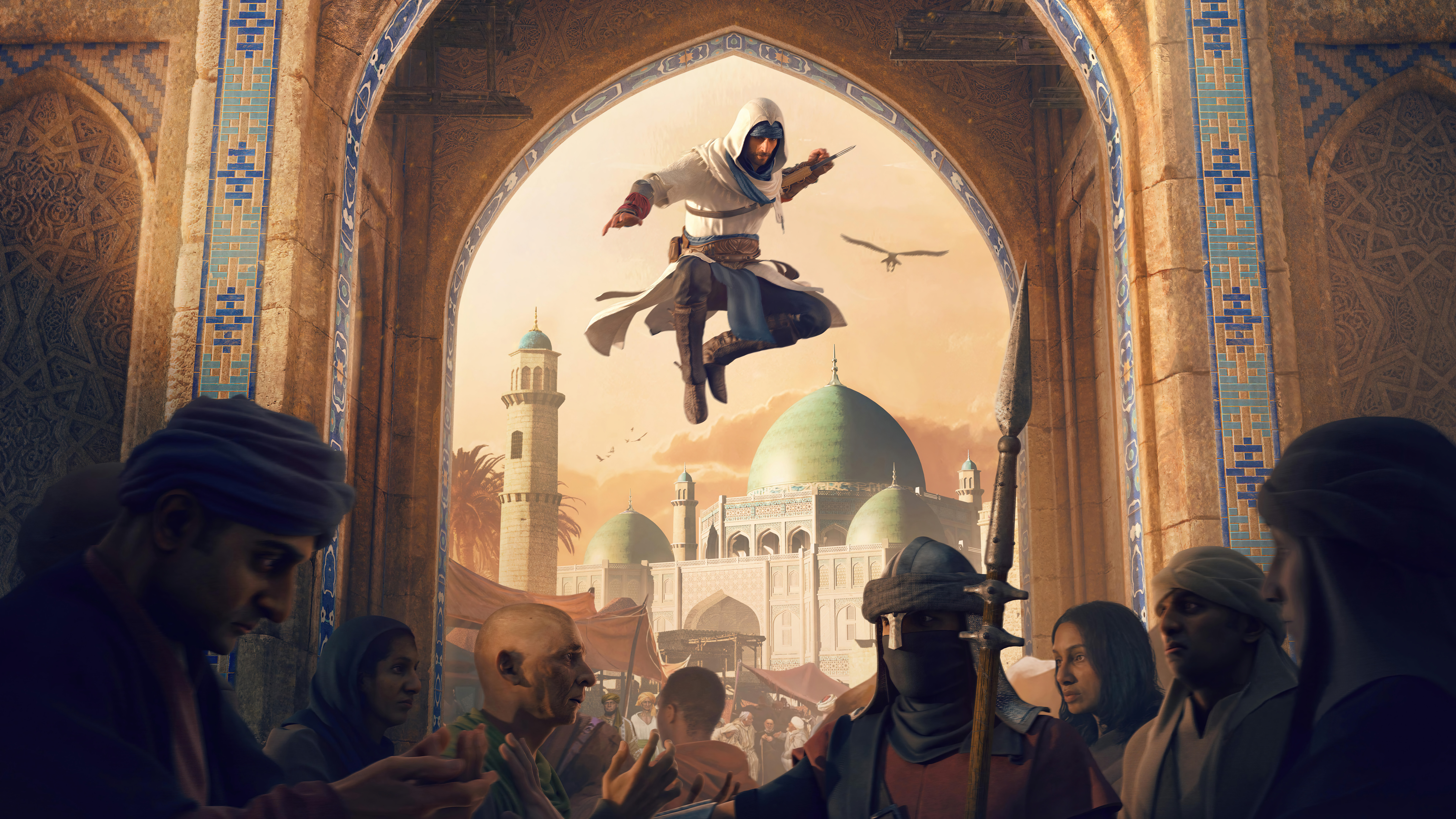Basim Ibn Ishaq aus Assassin’s Creed Mirage, gekleidet in seine charakteristischen, kapuzenverzierten Gewänder eines Assassinen.