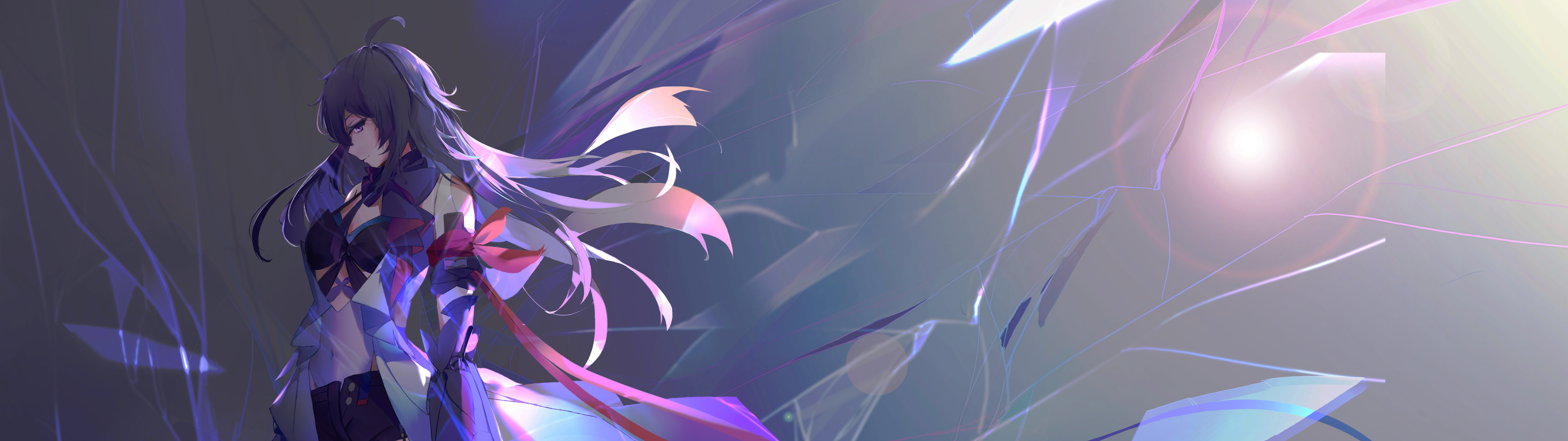 Ein filmisches Porträt von Seele Vollerei aus Honkai: Star Rail, das ihre charakteristischen violetten Haare und die düstere, atmosphärische Beleuchtung zeigt.