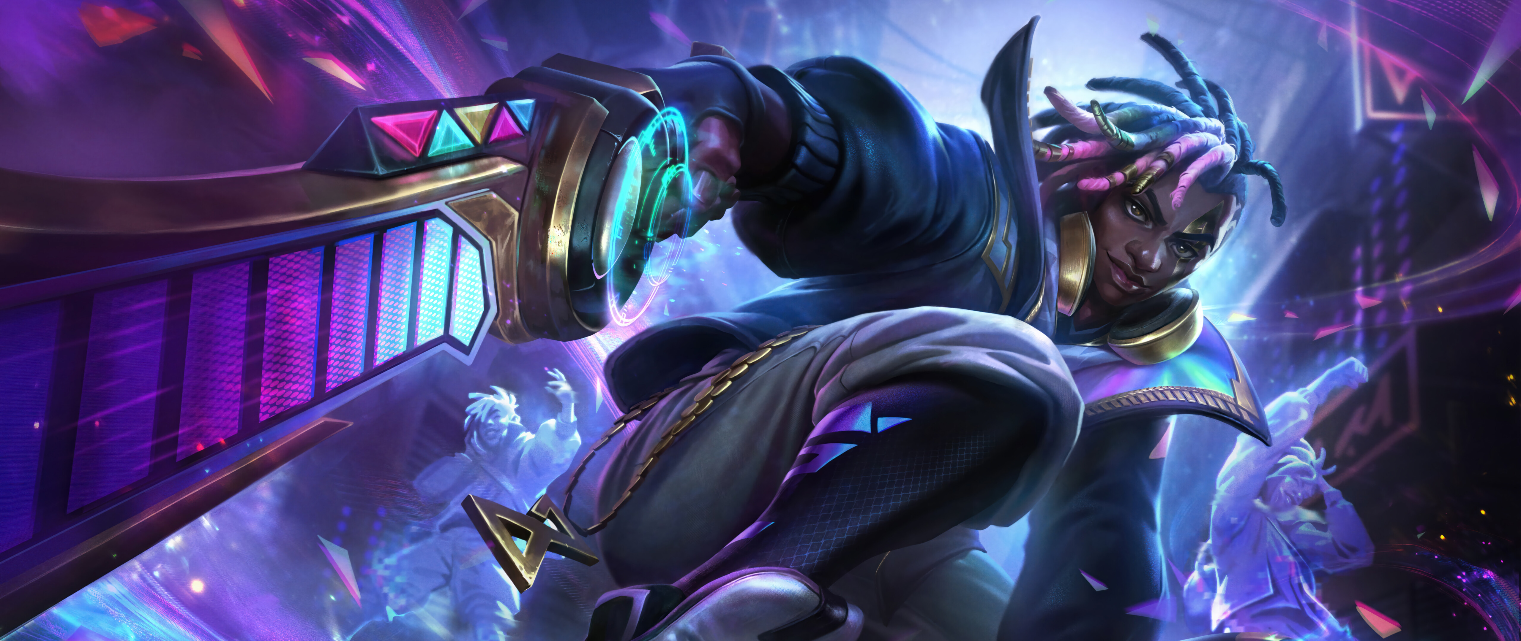Eine hochdetaillierte digitale Illustration von Ekko aus League of Legends, die Neonlichter und futuristische Streetwear-Elemente zeigt.
