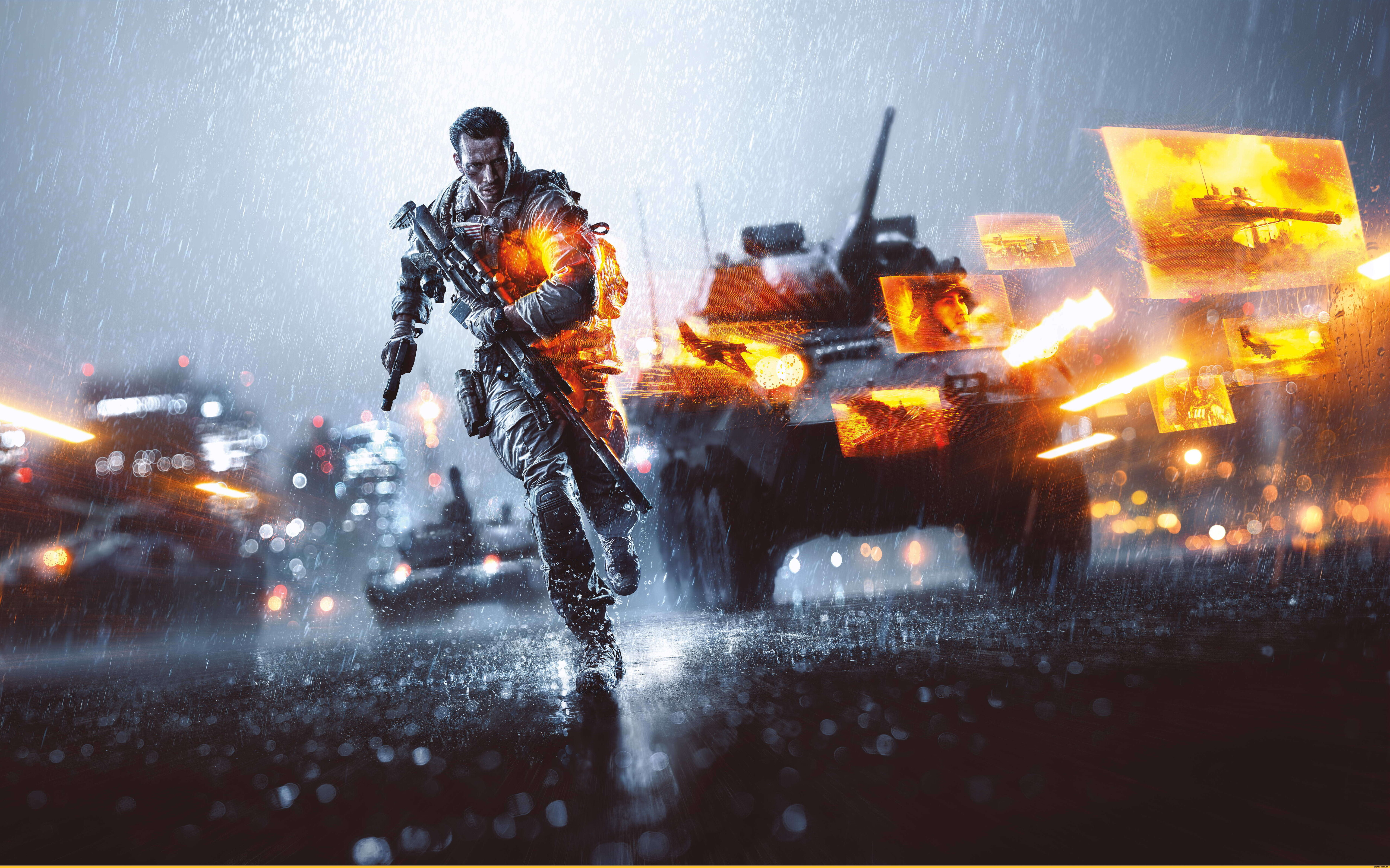 Ein schwerer Militärpanzer durchquert ein von Rauch und Trümmern übersätes Schlachtfeld während einer intensiven Kampfeinsatz.