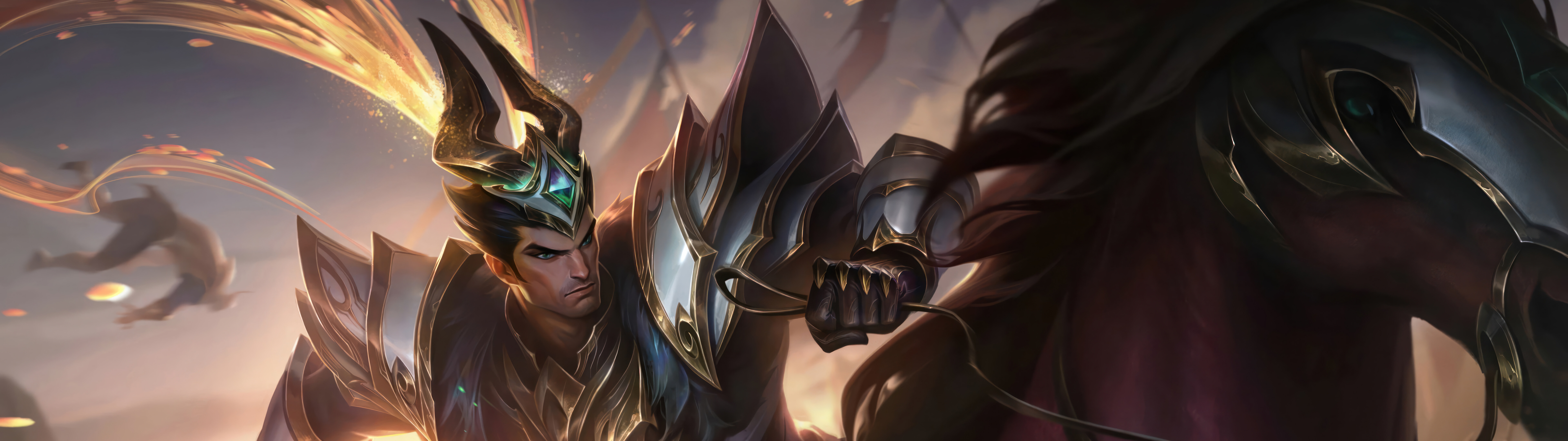 Jarvan IV aus League of Legends, wie er in einer dramatischen Pose sein charakteristisches Speer hält.