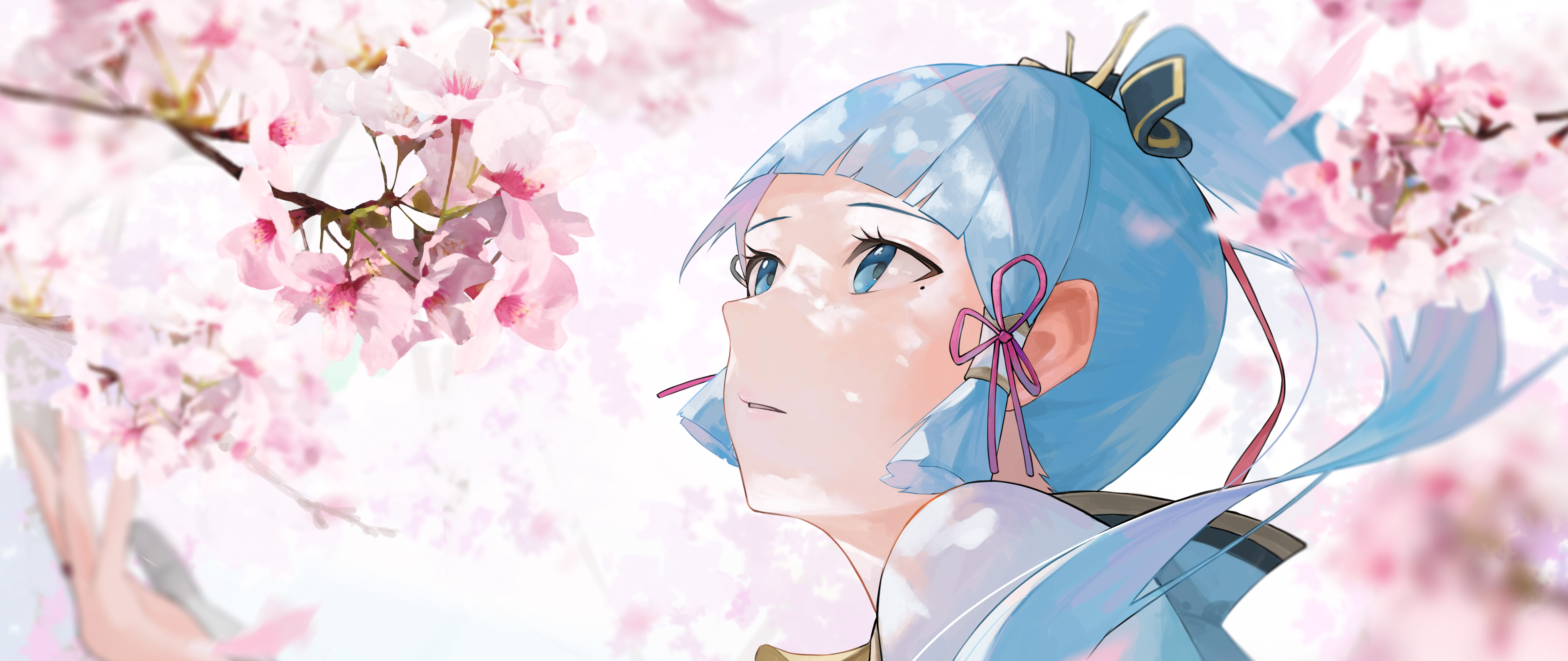 Ein detailliertes Porträt der Figur Kamisato Ayaka aus Genshin Impact.