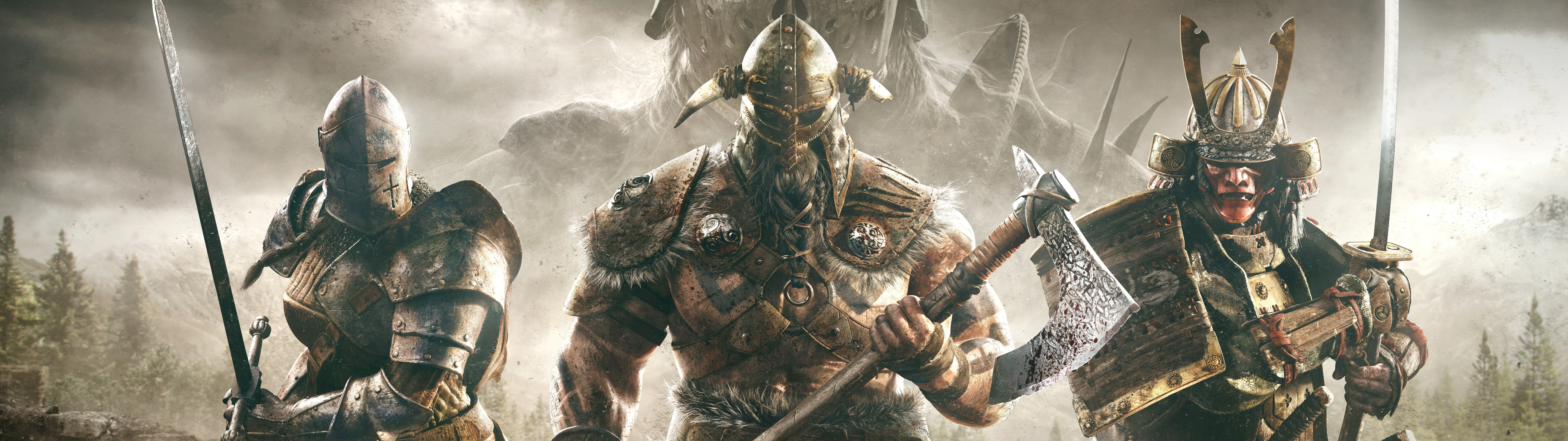 Ein schwer gepanzerter Ritter aus dem Videospiel „For Honor“ bereitete sich auf einem Schlachtfeld auf mittelalterliche Kämpfe vor.