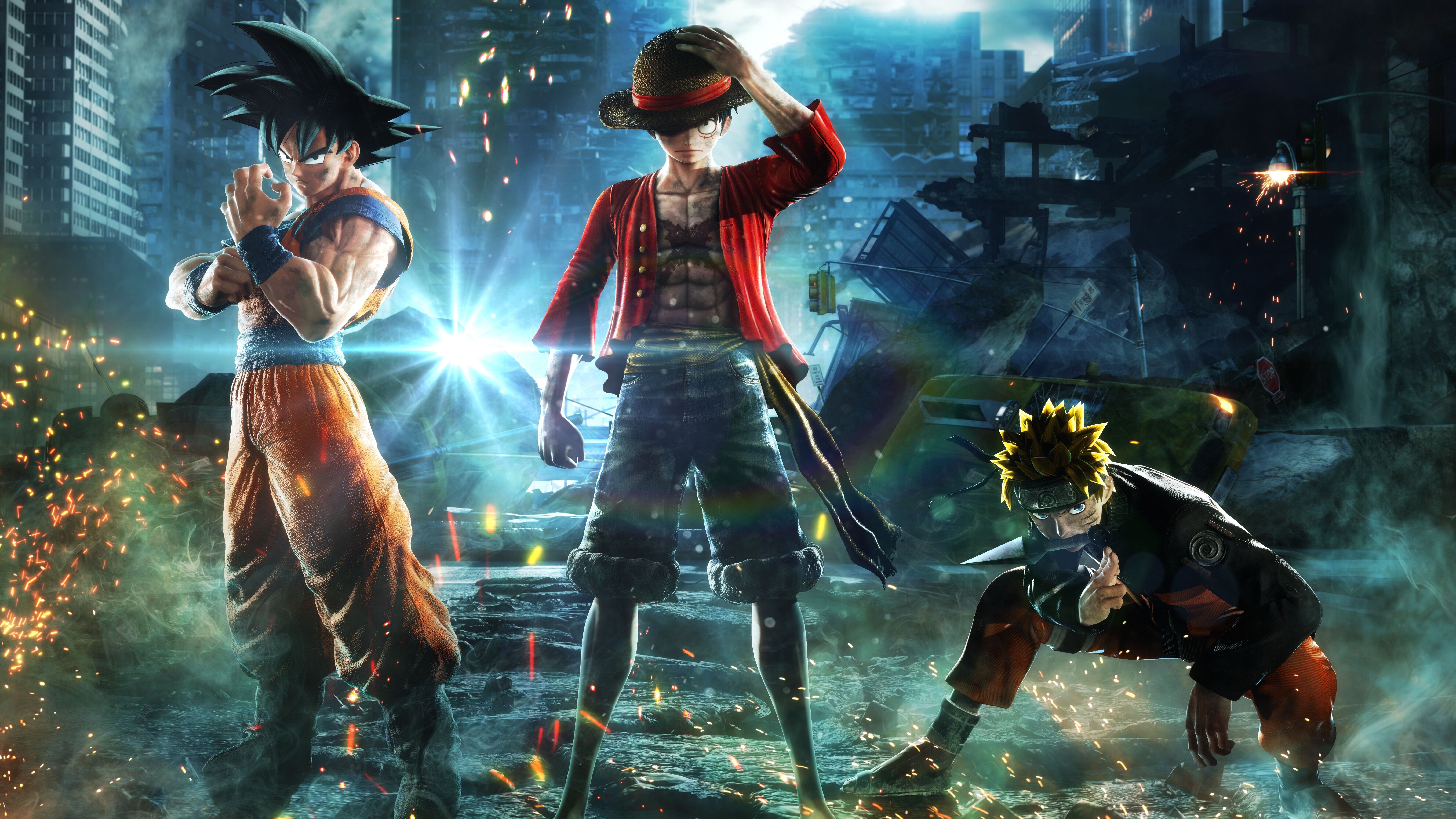 Naruto Uzumaki, Monkey D. Luffy und Goku stehen gemeinsam in einer dramatischen Kampfpose, inspiriert von Jump Force.