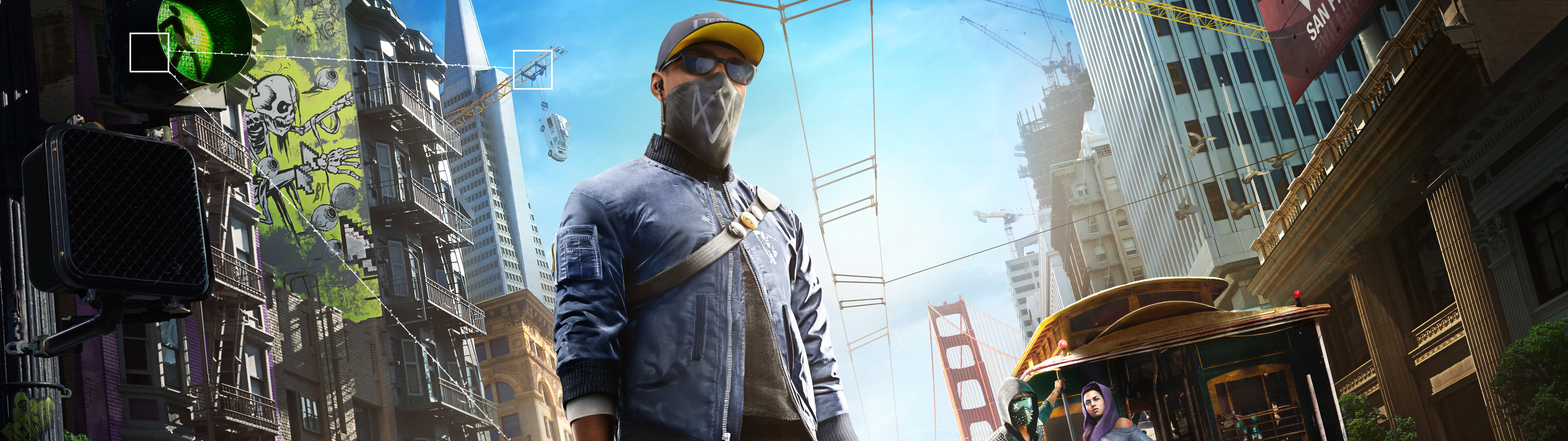 Marcus Holloway, der Protagonist des Videospiels Watch Dogs 2, ist in einer Szene zu sehen, die in den Straßen von San Francisco spielt.