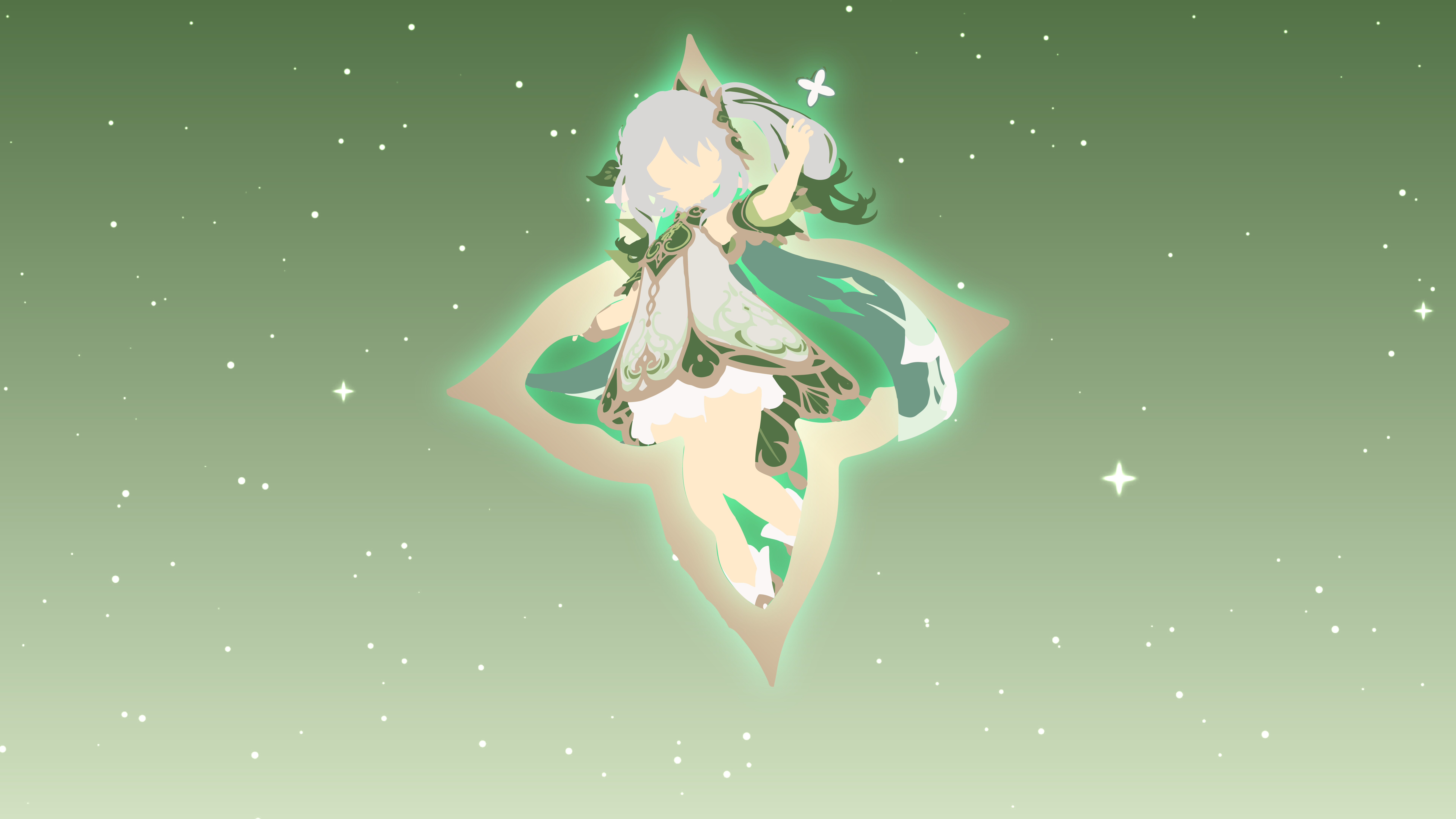 Ein beeindruckendes Porträt von Nahida aus Genshin Impact, das ihr charakteristisches grünes und weißes Outfit sowie das Dendro-Element-Thema zeigt.