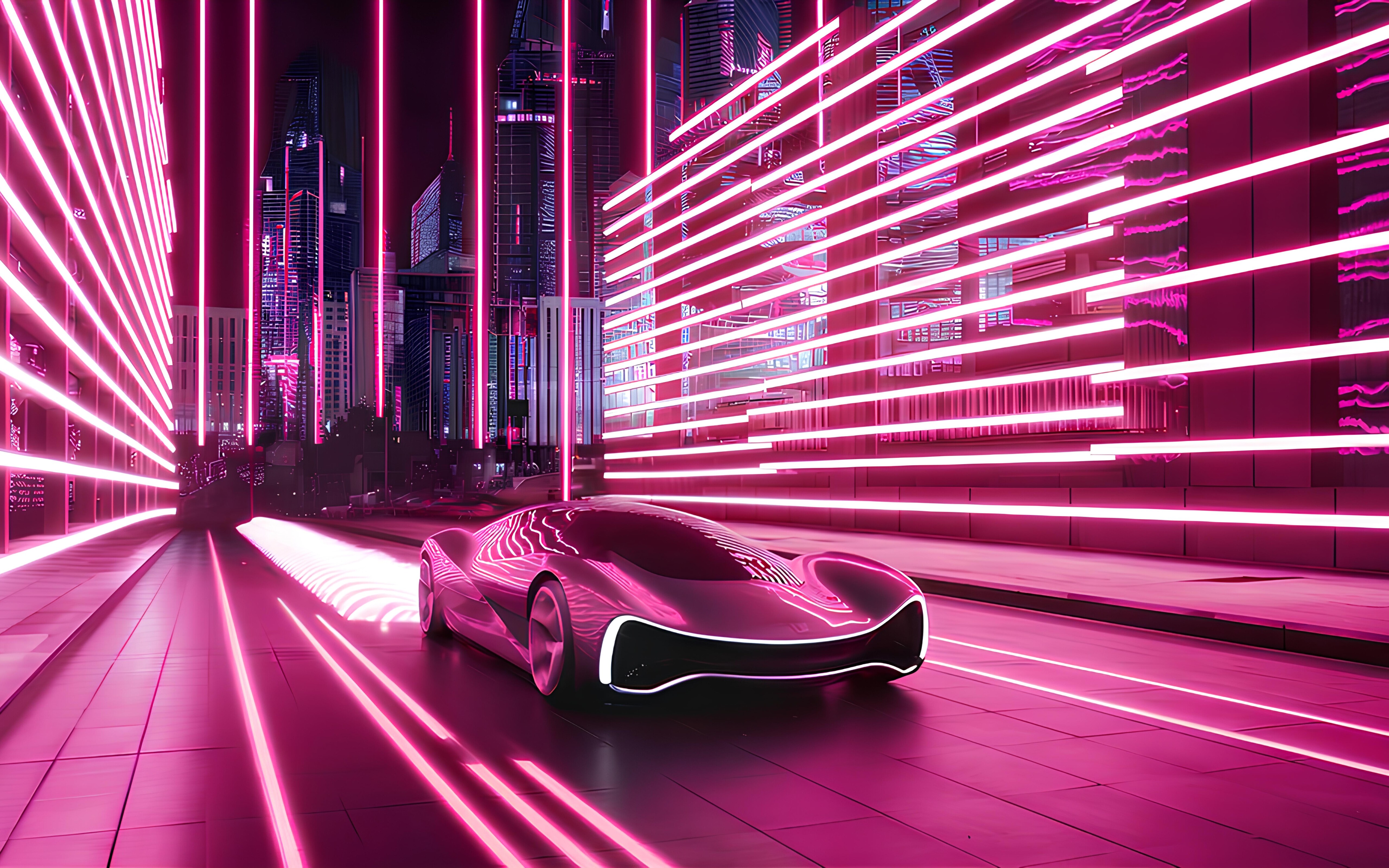 Ein hochmodernes, futuristisches Auto fährt nachts durch eine leuchtende, neonbeleuchtete Stadtlandschaft.