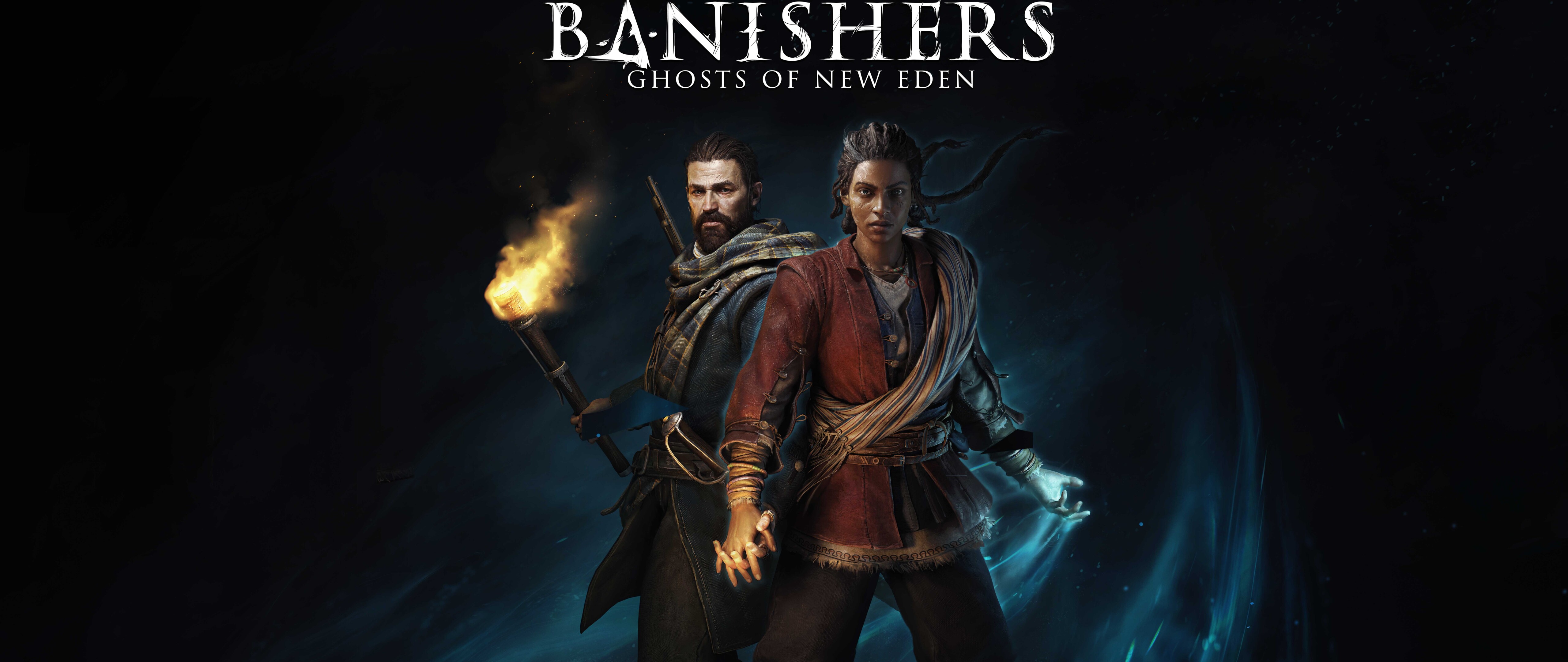 Die Charaktere Red und Antea aus dem Spiel Banishers: Ghosts Of New Eden stehen in einer nebligen, übernatürlichen Umgebung.