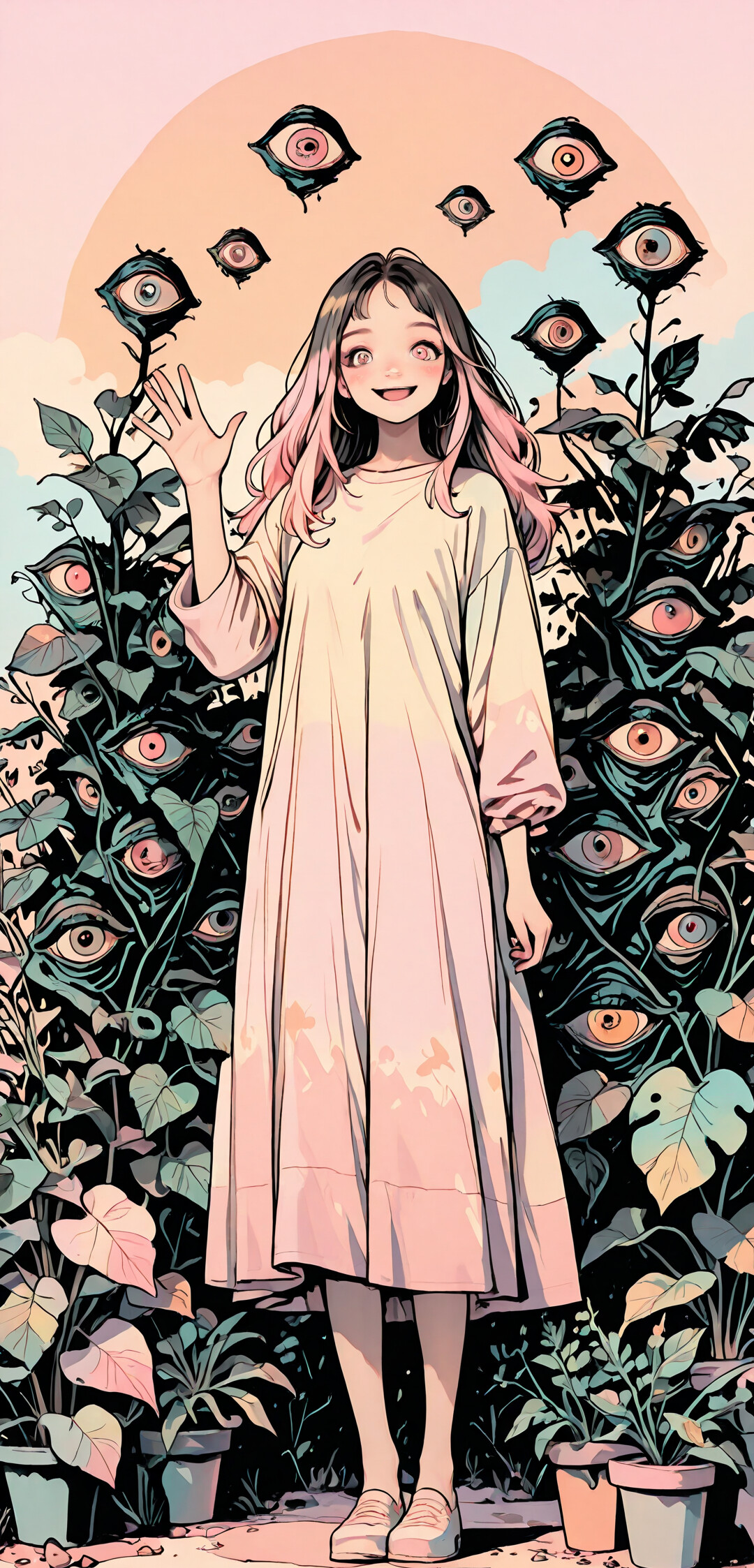 Eine im Anime-Stil gehaltene Illustration einer fröhlichen jungen Frau mit rosa-braunem Haar, die dem Betrachter zuwinkt. Sie steht vor einem großen, dunklen Kranz, der mit vielen Augen bedeckt ist, und im Hintergrund ist eine pastellfarbene Stadtlandschaft zu sehen.