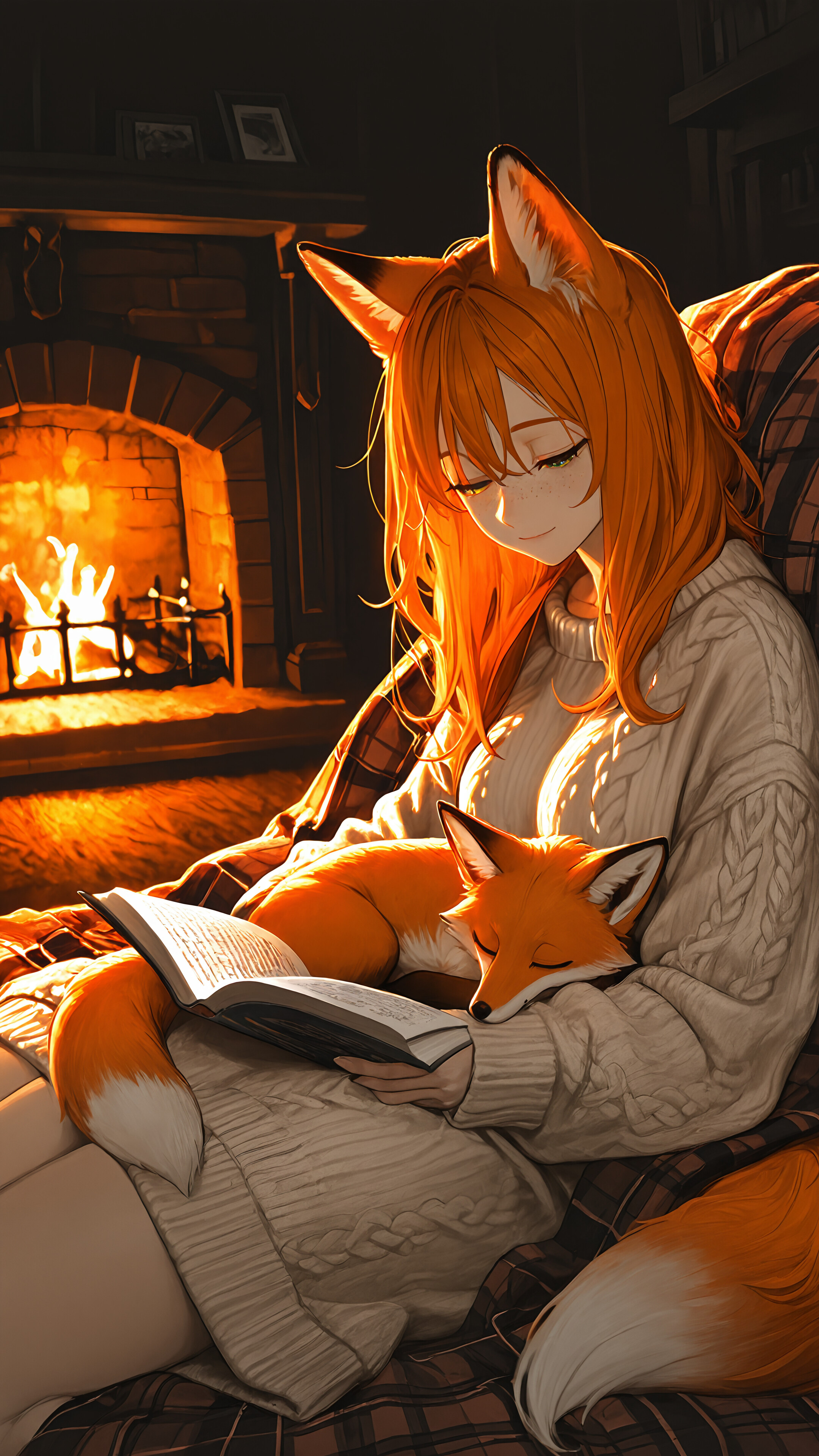 Ein Anime-Mädchen mit Fuchs-Aussehen, orangefarbenen Haaren und einem sanften Lächeln sitzt am Kamin und trägt einen gemütlichen, cremefarbenen Pullover. Ein kleiner Fuchs schläft friedlich auf einem offenen Buch in ihrem Schoß.
