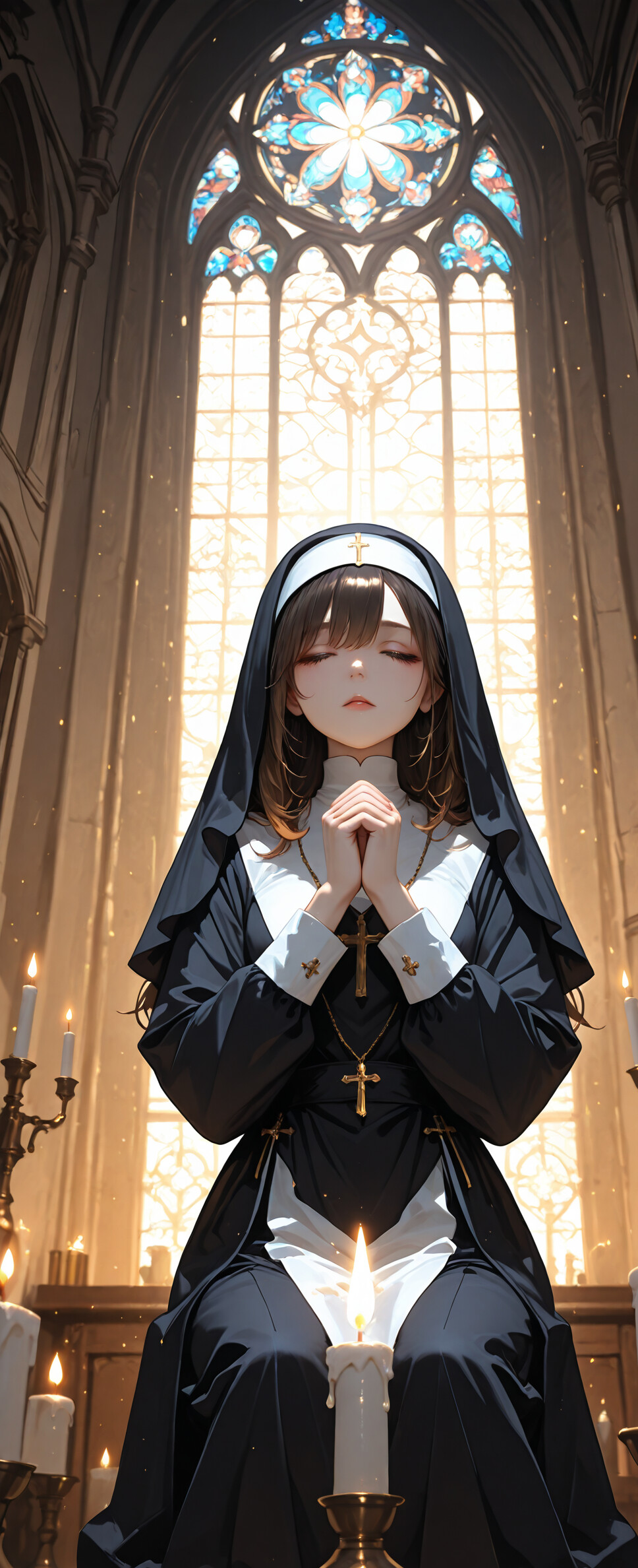 Eine im Anime-Stil gehaltene Illustration einer jungen Nonne mit dunkelblondem Haar, die in einer prächtigen Kirche kniend betet. Das Bild ist von dem Licht eines großen Buntglasfensters und umgebenden Kerzen beleuchtet.