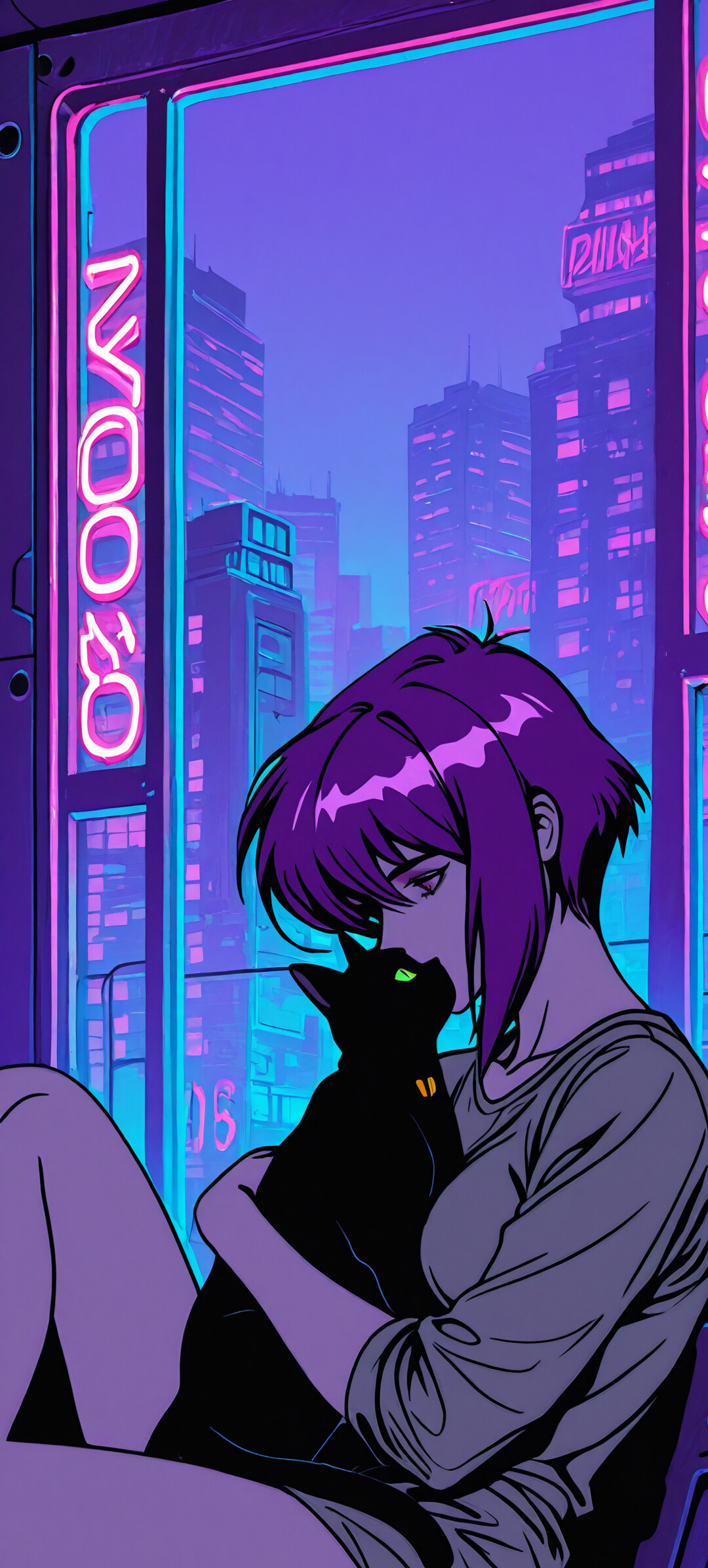 Eine im Anime-Stil gehaltene Illustration von Motoko Kusanagi aus „Ghost in the Shell“, die kurze, violette Haare hat, an einem Fenster sitzt und eine schwarze Katze zärtlich umarmt. Draußen erstrahlt eine futuristische Stadtlandschaft in leuchtenden violetten und pinkfarbenen Neonlichtern.