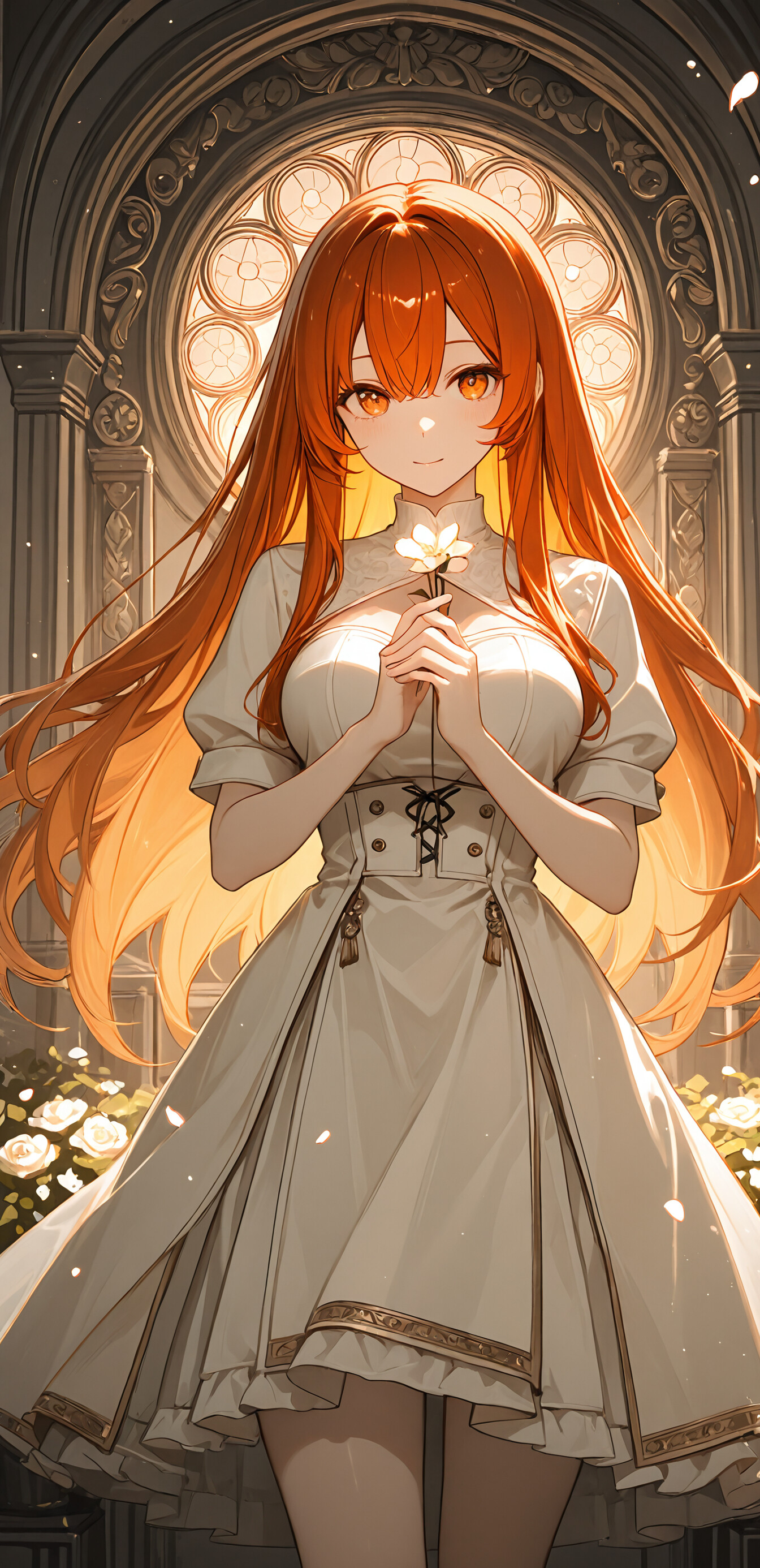 Eine im Anime-Stil gehaltene Illustration von Ritsuka Fujimaru (Gudako) aus Fate/Grand Order, einer jungen Frau mit langem, leuchtend orangefarbenem Haar und bernsteinfarbenen Augen, die ein elegantes schwarzes Kleid in einem dunklen Garten trägt, der mit goldenen Rosen gefüllt ist.