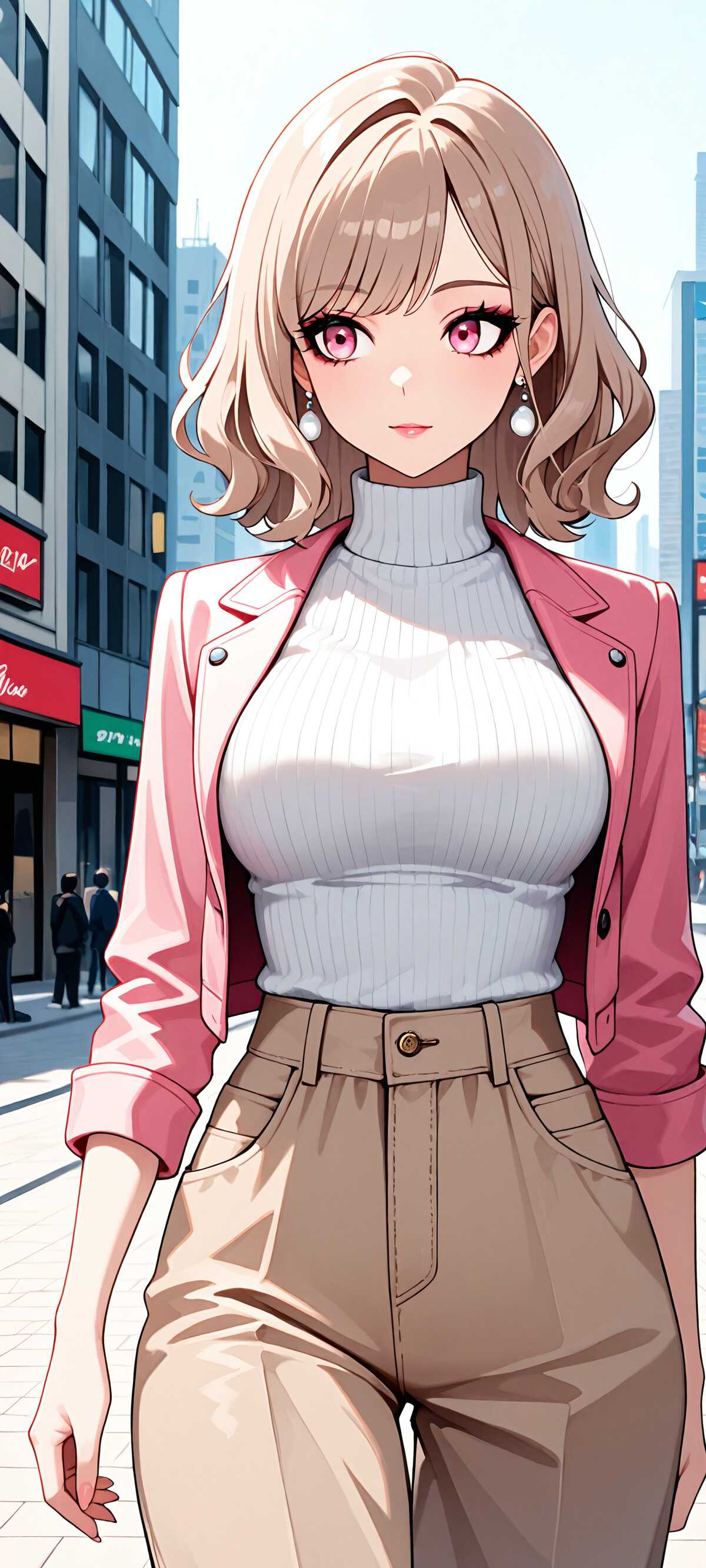 Eine im Anime-Stil gehaltene Illustration einer modischen jungen Frau mit blonden, gewellten Haaren und rosa Augen, die eine Stadtstraße entlanggeht. Sie trägt eine rosa Jacke, einen weißen Rollkragenpullover und eine beige Hose.