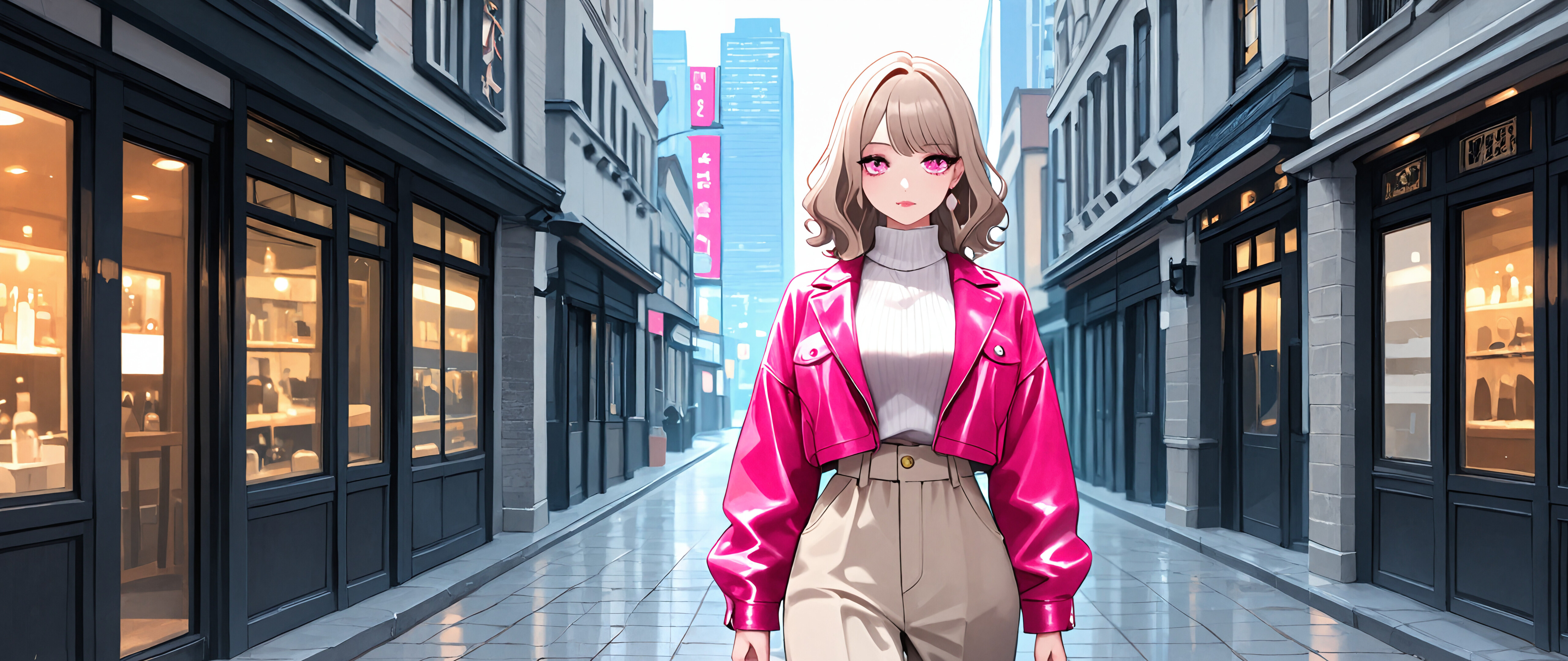 Eine im Anime-Stil gehaltene Illustration einer modischen jungen Frau mit blonden, gewellten Haaren und rosa Augen, die eine Stadtstraße entlanggeht. Sie trägt eine rosa Jacke, einen weißen Rollkragenpullover und eine beige Hose.
