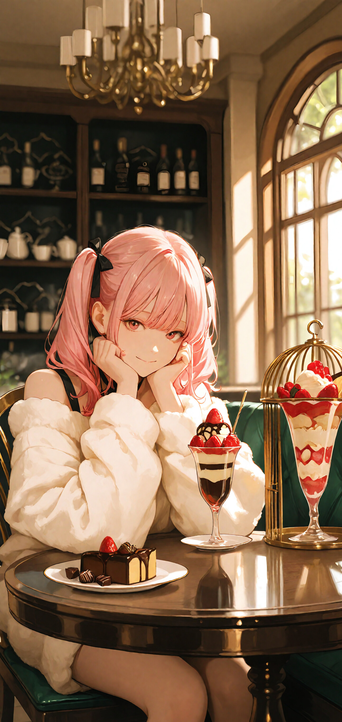 Ein Anime-Mädchen mit rosa, zu zwei Zöpfen gebundenem Haar sitzt an einem Café-Tisch, der mit Desserts beladen ist. Sie trägt einen weißen, flauschigen Pullover und lächelt, wobei ihr Kinn auf ihren Händen ruht. Auf dem Tisch stehen ein Erdbeer-Parfait, ein Stück Kuchen, eine Tasse Tee und eine Dessertetage.