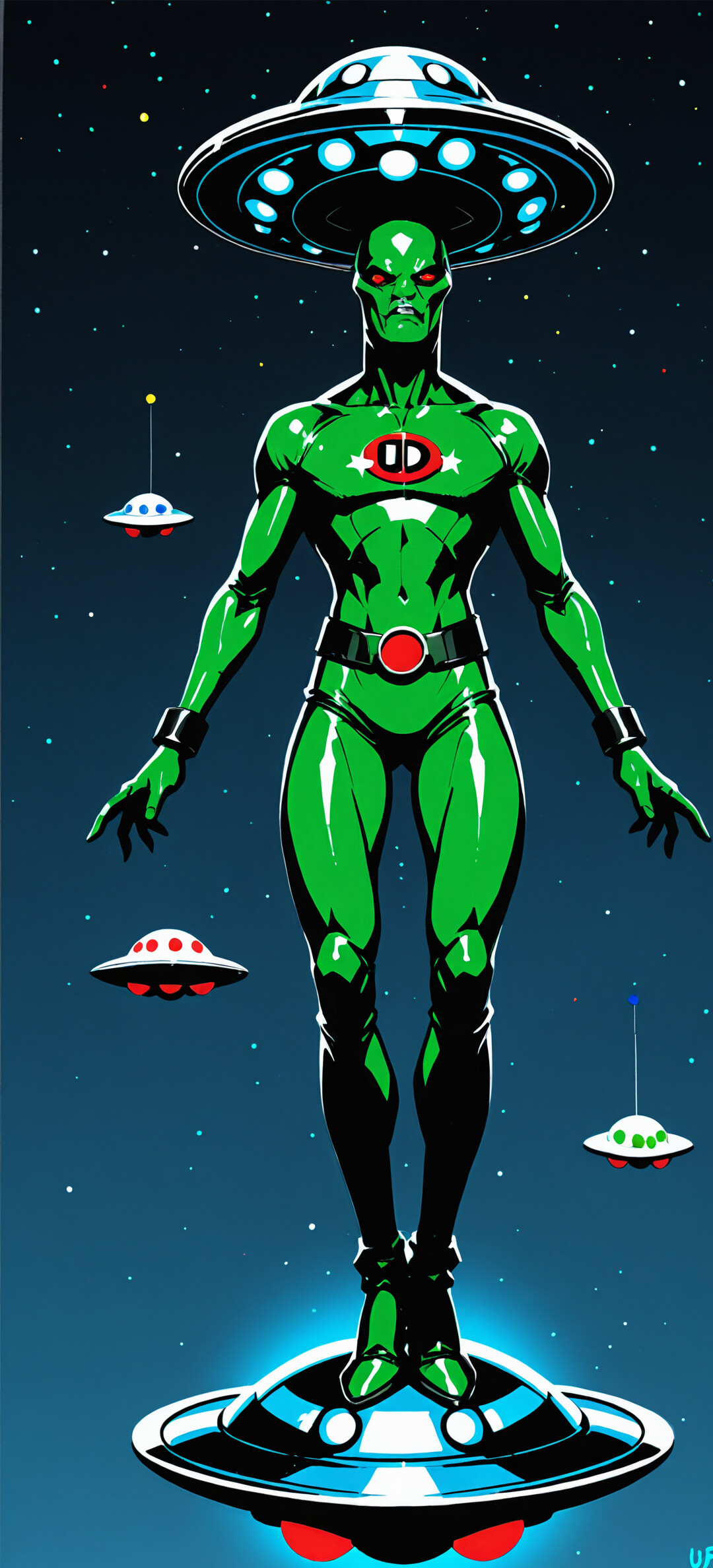 Eine Ganzkörperillustration eines muskulösen, grünhäutigen Aliens in einem glänzenden schwarzen Anzug mit einem roten „DD“-Logo, das auf einem UFO steht, während im Hintergrund zwei kleinere UFOs zu sehen sind.