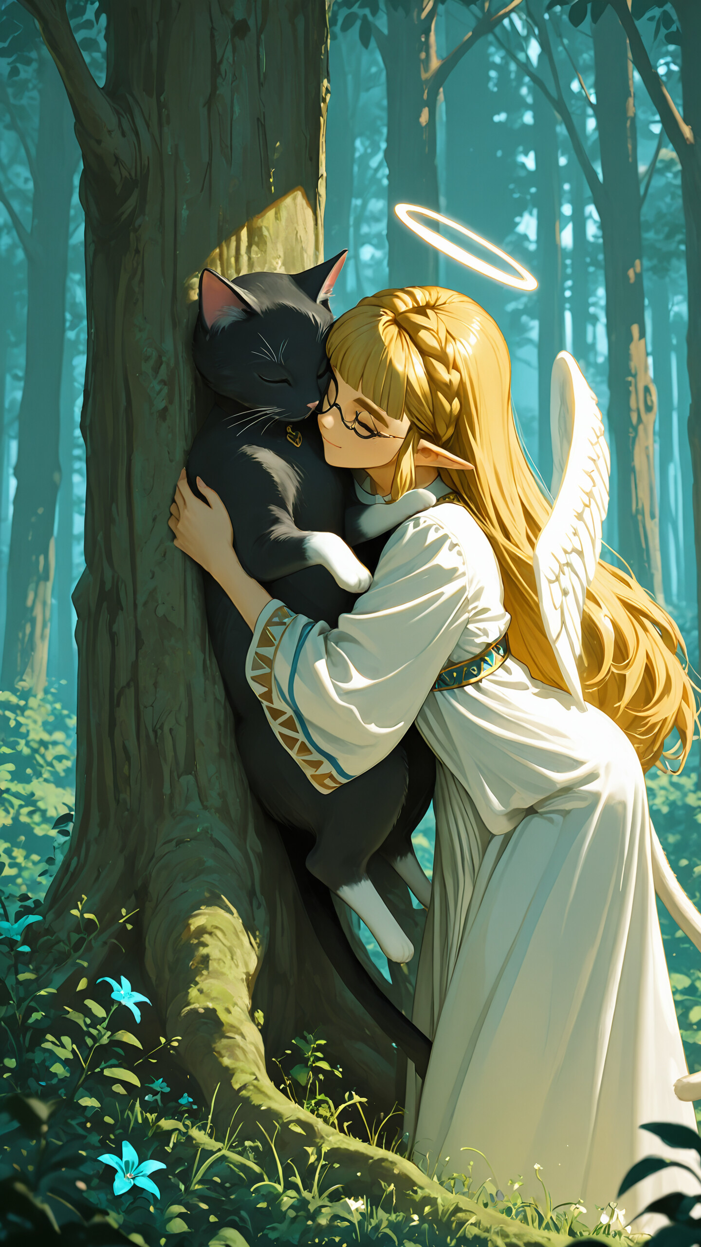 Eine im Anime-Stil gehaltene Illustration von Prinzessin Zelda mit langem, blondem Haar, spitzen Ohren, einem Heiligenschein und einem Engelsflügel, die in einem Wald sitzt und eine schwarze Katze liebevoll umarmt.