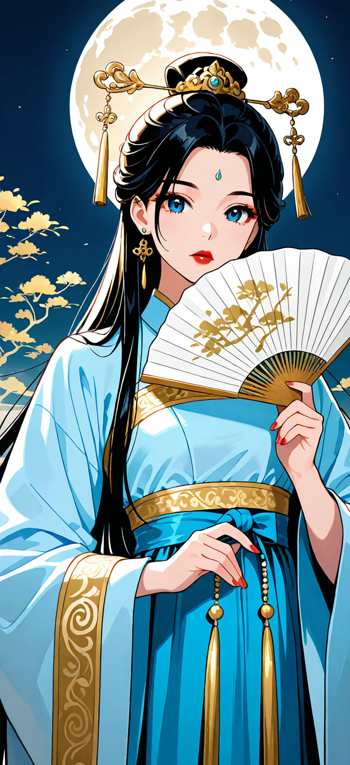 Eine im Anime-Stil gehaltene Illustration einer wunderschönen jungen Frau mit langem, schwarzem Haar und blauen Augen, die ein traditionelles blau-goldenes chinesisches Hanfu-Kleid trägt. Sie hält einen goldenen Fächer und steht vor einem kreisförmigen Hintergrund, der einen sternenübersäten Nachthimmel mit goldenen Wolken darstellt.