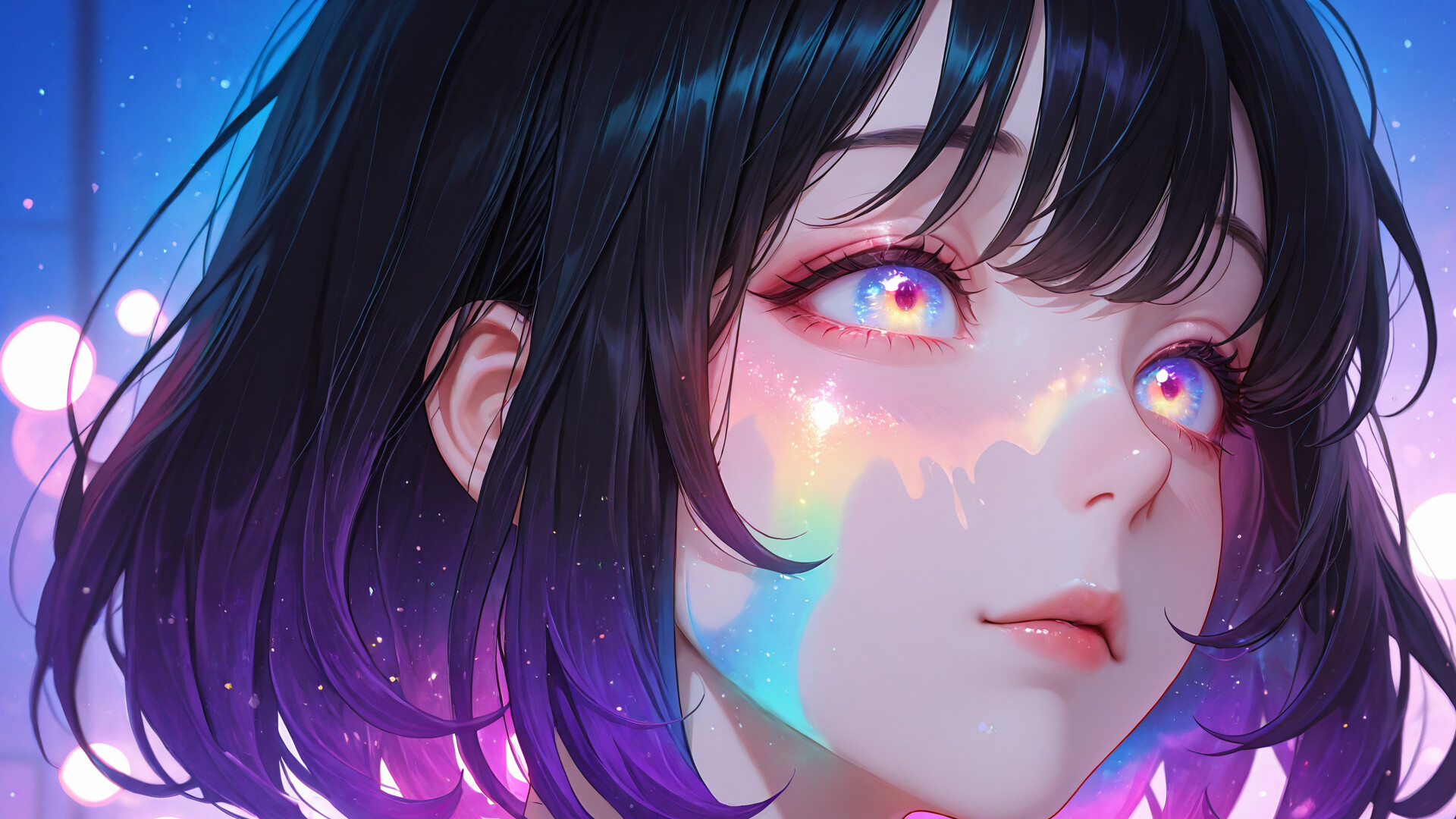 Ein detailreiches, künstlerisches Porträt einer Frau im Anime-Stil mit kurzen, schwarzen Haaren und violetten Haarspitzen, die nach oben blickt. Ein leuchtendes, regenbogenfarbenes Licht wird in ihren Augen reflektiert und wirft einen Schein auf ihre Wange vor einem sternenübersäten, blauen Hintergrund.