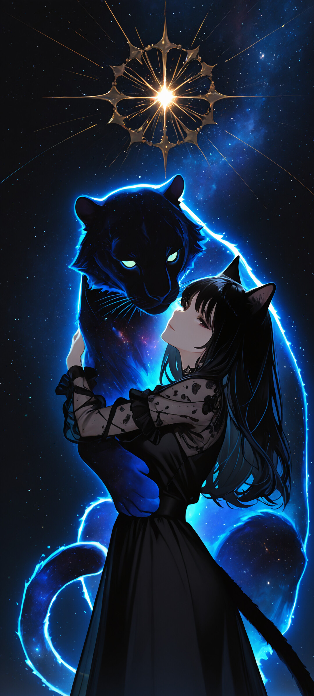 Ein Anime-Mädchen mit Katzenohren, kurzem, schwarzem Haar und einem langen, schwarzen Kleid mit durchsichtigen Ärmeln, das einen großen, schwarzen Panther umarmt. Beide sind von einer blauen Aura umgeben, vor einem Hintergrund aus einem sternenübersäten Weltraum, mit einem Planeten darunter und einem goldenen, himmlischen Symbol darüber.
