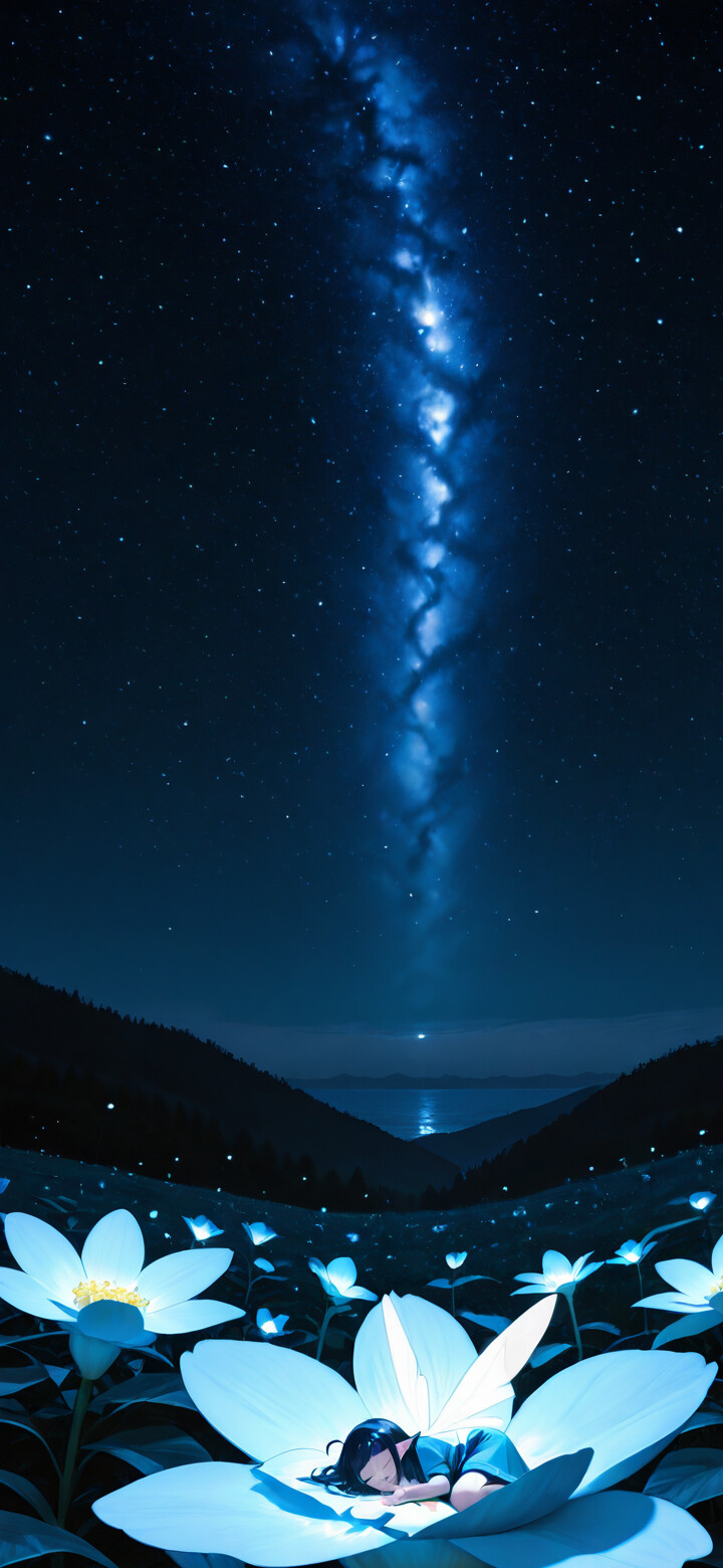 Ein kleines Mädchen mit dunklem Haar schläft tief und fest in der Mitte einer riesigen, leuchtend blauen Blume, während über ihr ein strahlender, sternenübersäter Nachthimmel erstrahlt, und ein Band der Milchstraße scheint sich auf sie herabzusenken.