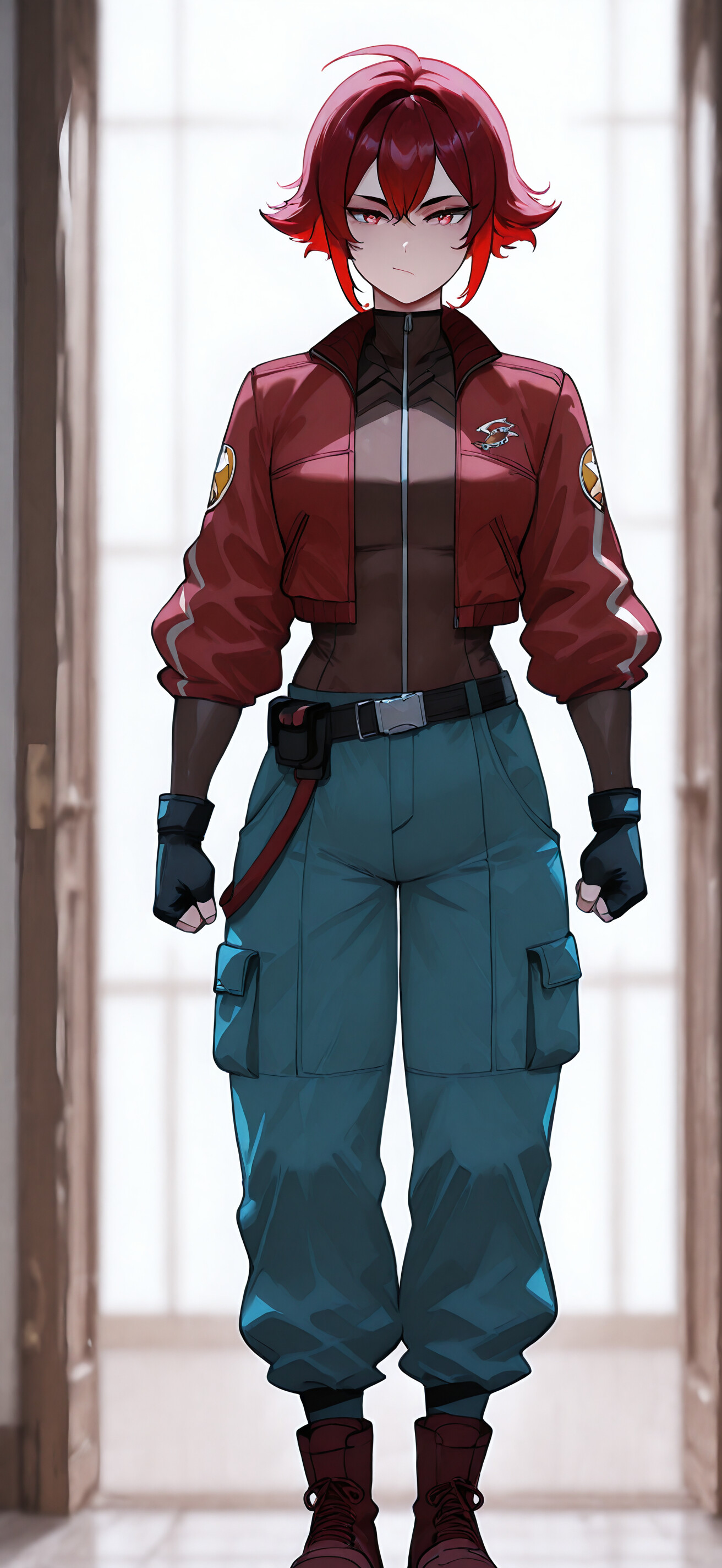 Eine Ganzkörperillustration einer muskulösen Anime-Frau mit kurzen roten Haaren und roten Augen, die eine rote Jacke, eine blaue Cargohose und Kampfstiefel trägt und in einem langen, mit Säulen gesäumten Flur steht.