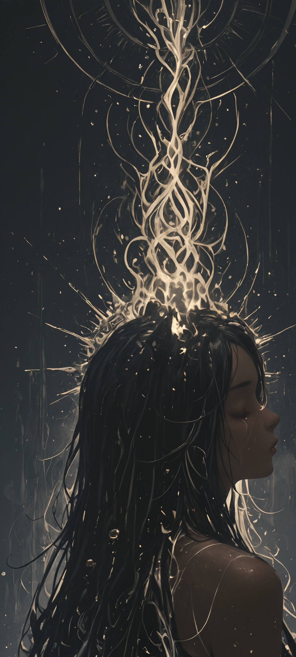 Ein digitales Gemälde, das eine friedliche, junge Frau mit langem, schwarzem Haar und schwarzen Katzenohren im Profil zeigt. Ihre Augen sind geschlossen, und im Hintergrund befindet sich ein dunkler, kosmischer Hintergrund mit einem großen, leuchtenden, goldenen Himmelsmuster.